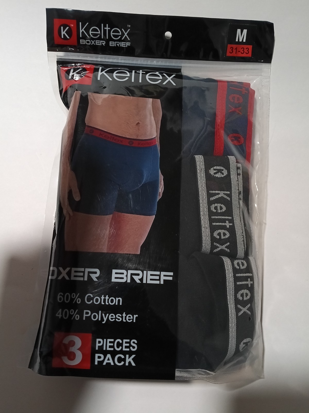 Keltex Men’s Boxer Brief Underwear M Regular 3-Pack Cotton/Poly Black/Gray/Red