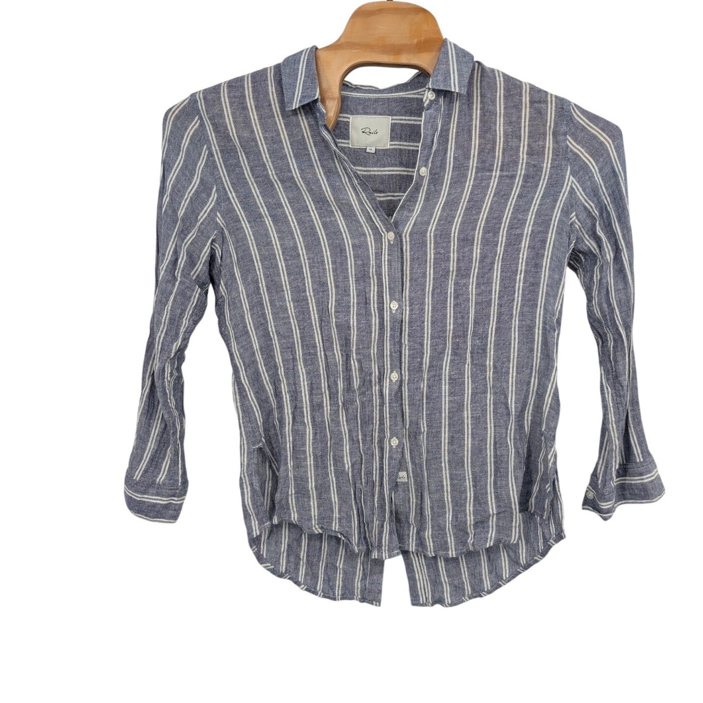 Rails Striped Linen Blend Button Up Shirt Blue White Roll Tab Sleeve Sz M