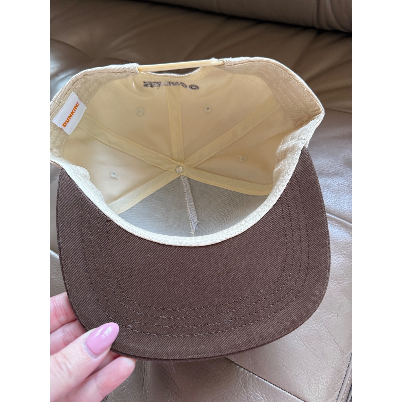 Dunkin Donuts Snapback Hat Cream Brown Est 1950 Embroidered Logo Flat Brim Cap