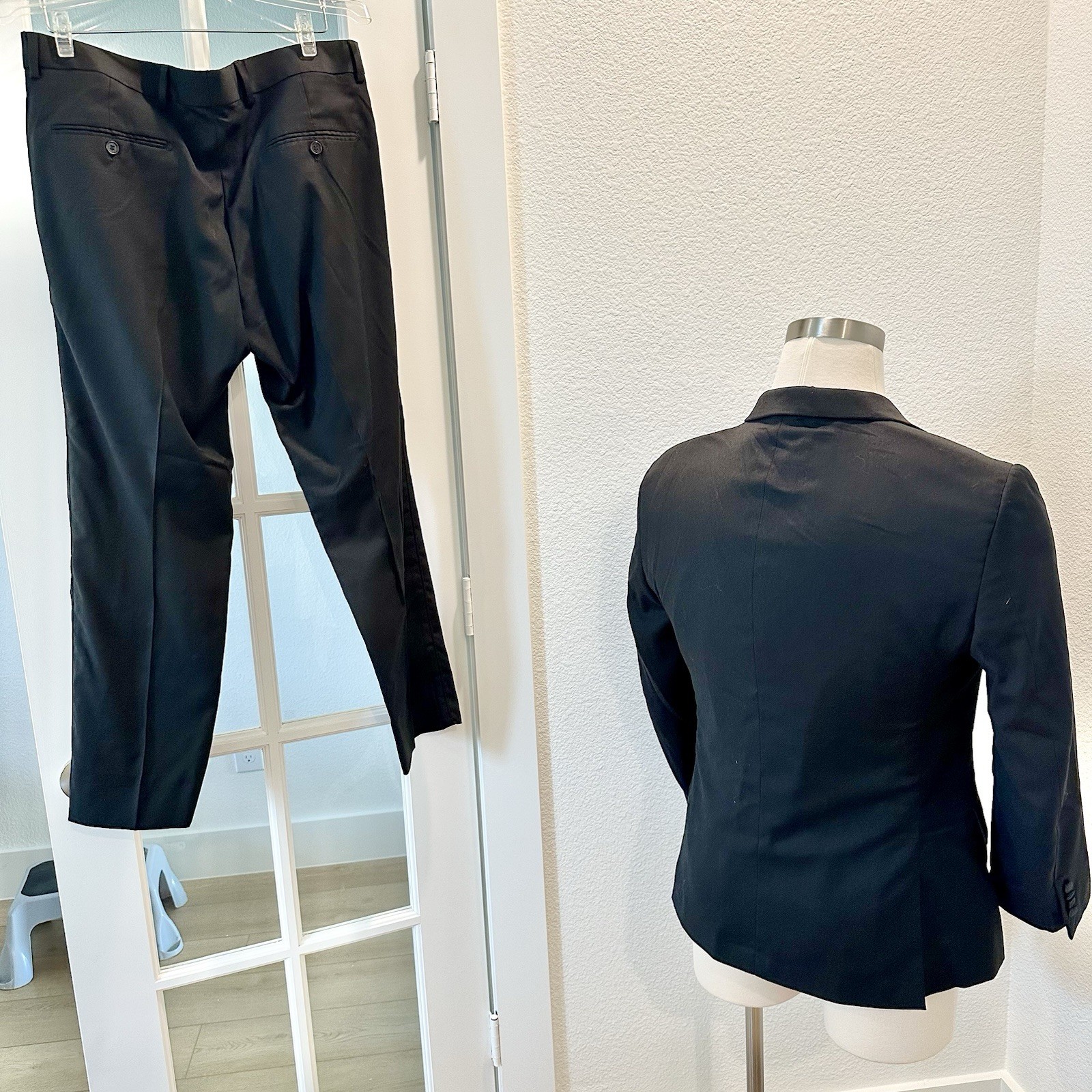 Lineage Men 2-pc Tuxedo Jacket 42S Short Satin Lapels & Pants 34×28″ Black