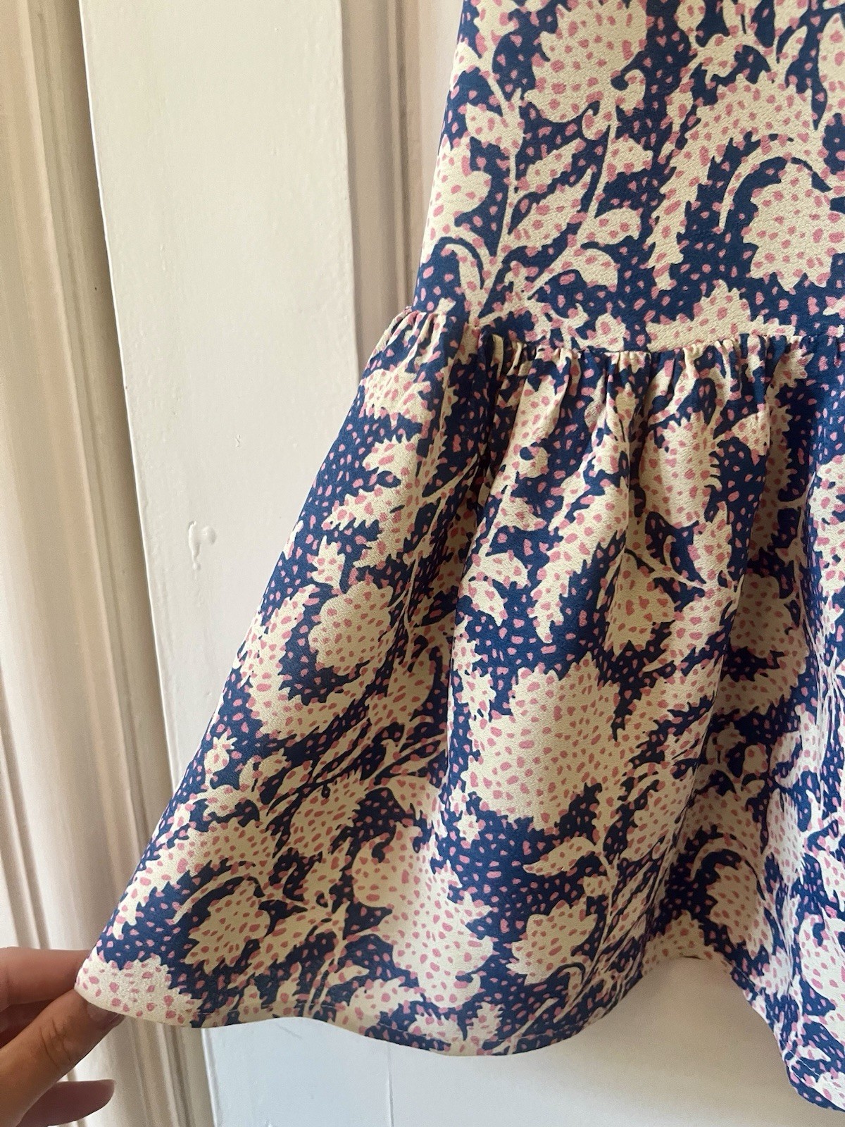 White Stuff Blue White Pink Paisley Floral Print Midi Skirt Frill Hem Size 10