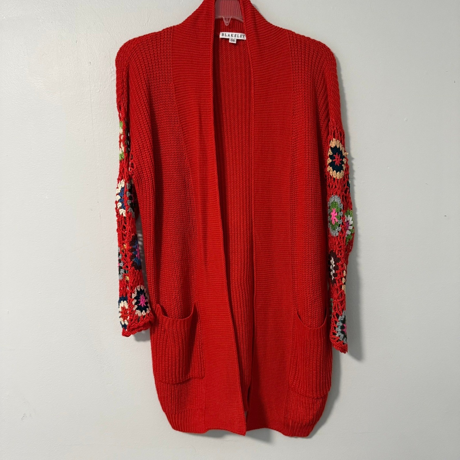 Blakeley Red Crochet Granny Square Sleeve Open Front Cardigan Sweater OS Womens