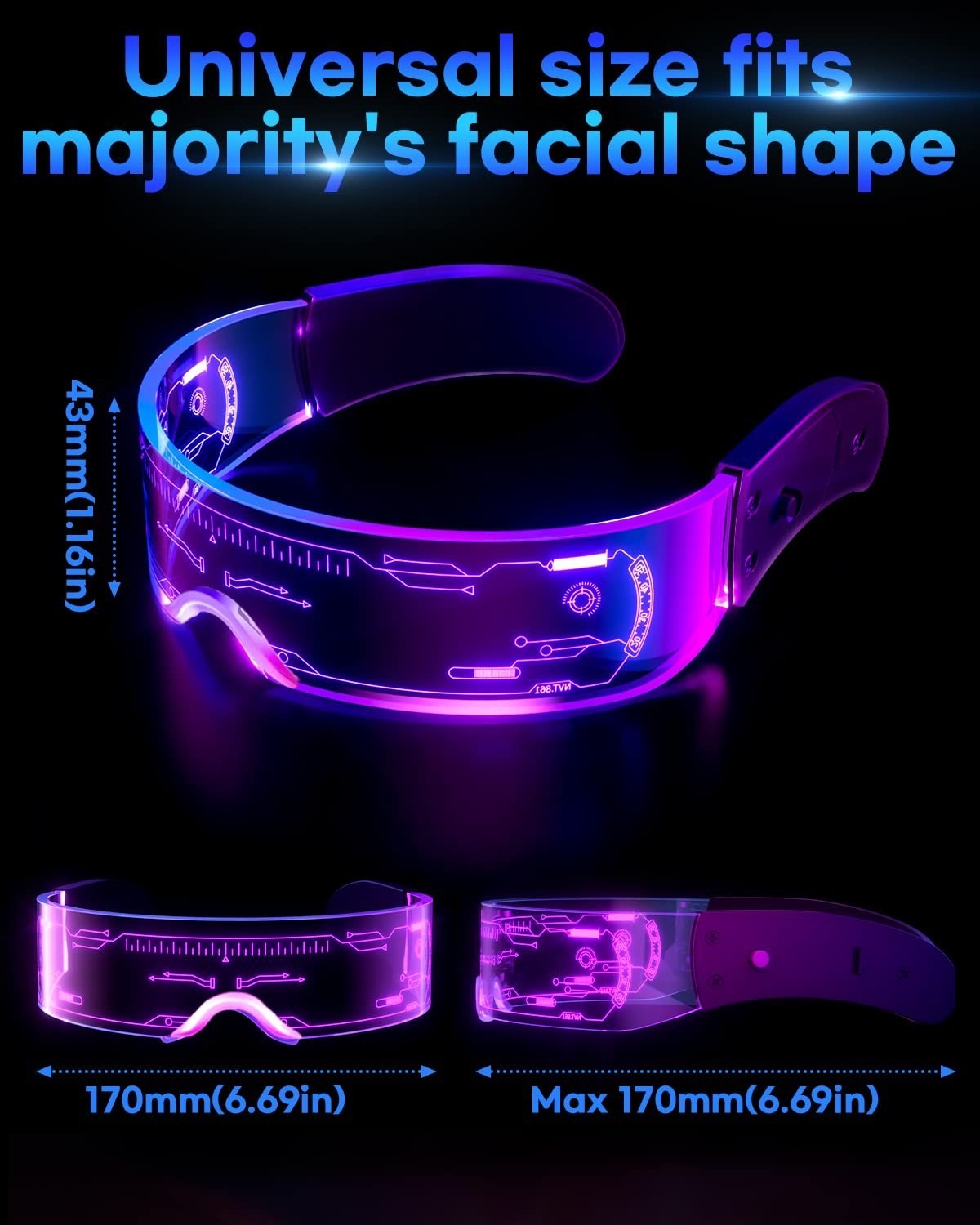 NIUCOO LED Visor Light Up Glasses – 7 Colors, 4 Modes – Futuristic Goggles