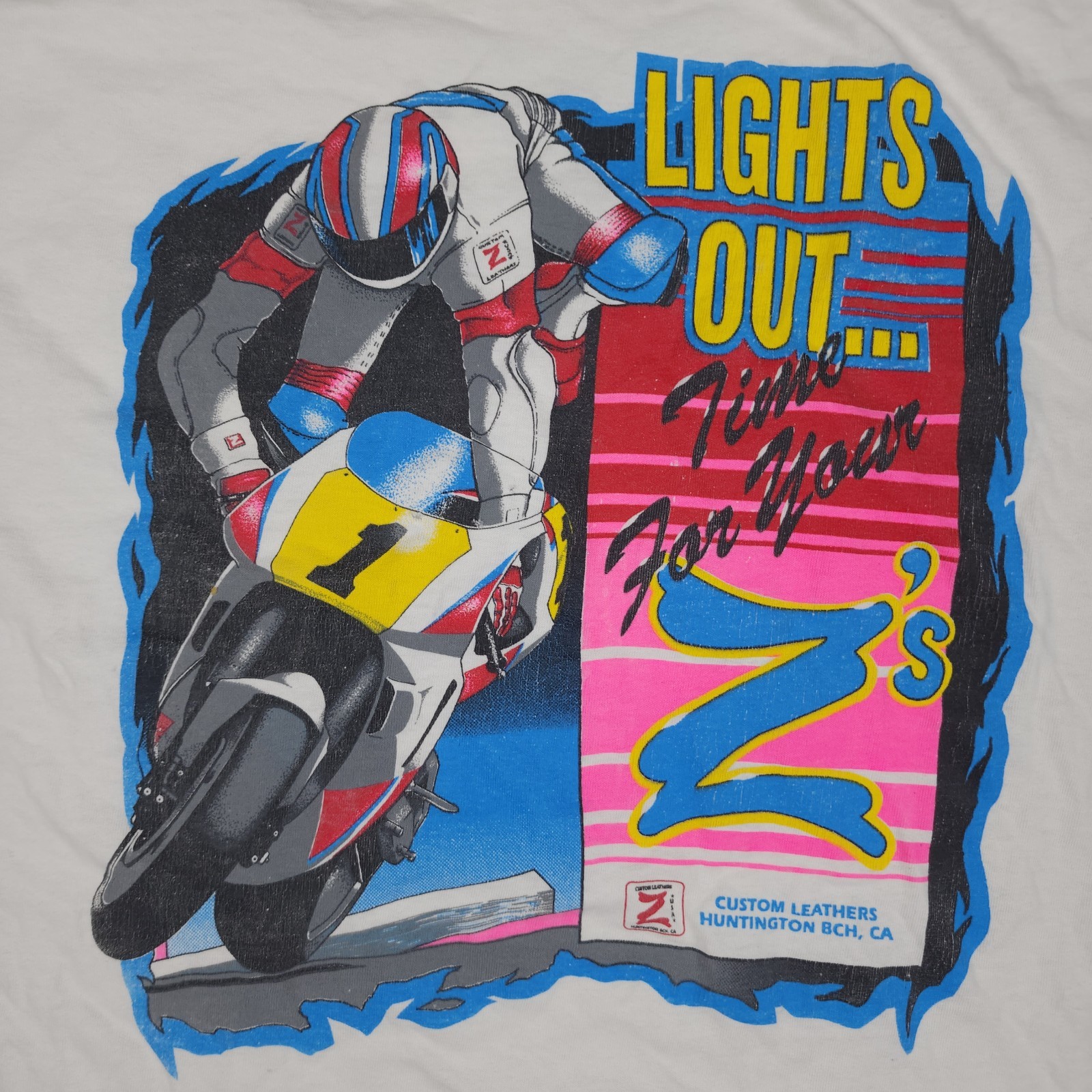 Vintage Z’s Custom Leathers Motorcycle Racing Tee Mens L White Biker CA Y2K
