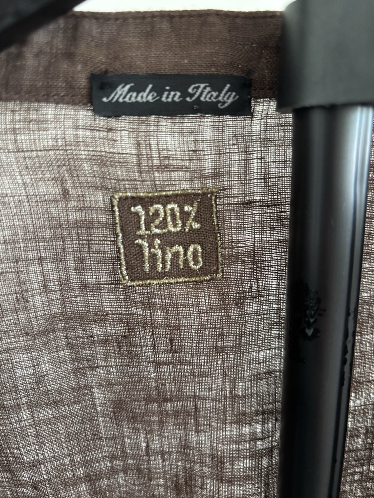 120% Lino Women’s M Brown Solid Linen V-Neck Short Sleeve Ruffle Top Italy