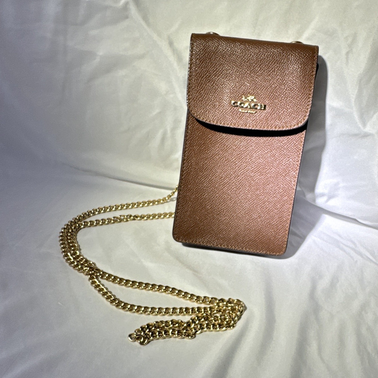Coach Brown Crossbody Phone Bag, Snap Closure, Gold Chain Strap, Logo Accent