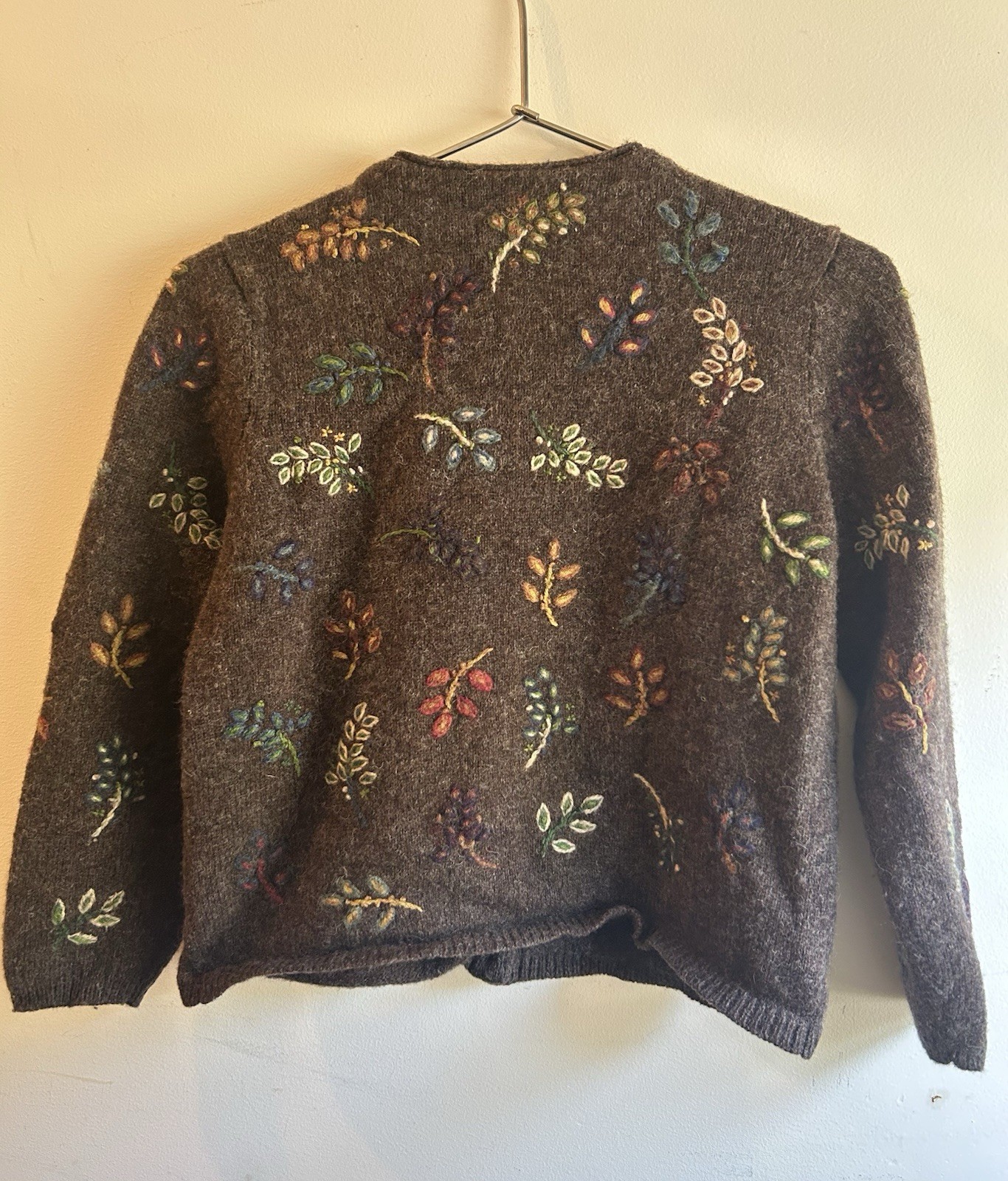 90’s Deane & White Brown 100% Wool Fall Leaves Embroidered Sweater SZ Petite M