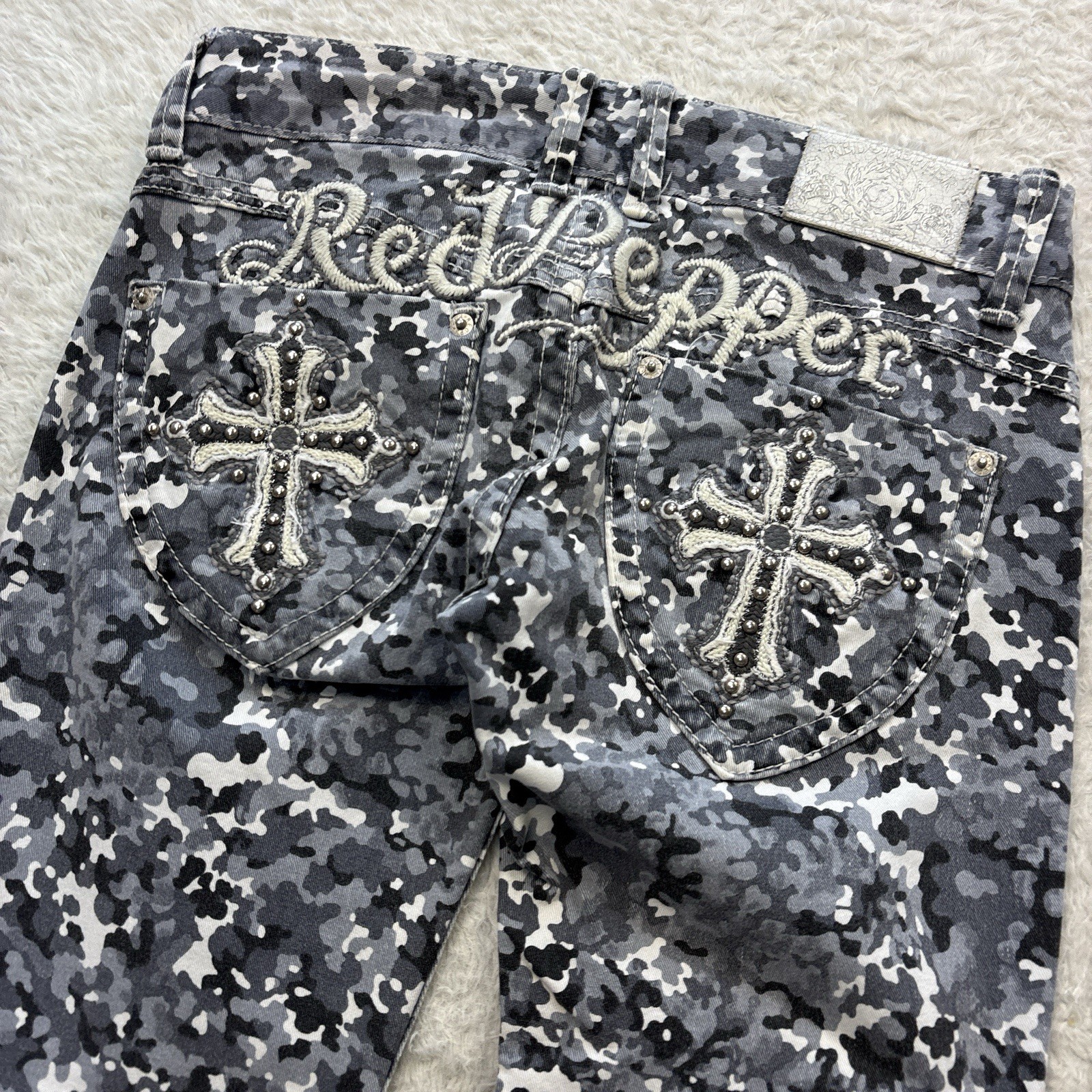 Y2K 00s RED PEPPER Red Pepper Camouflage Pattern Skinny Pants Cross Studs