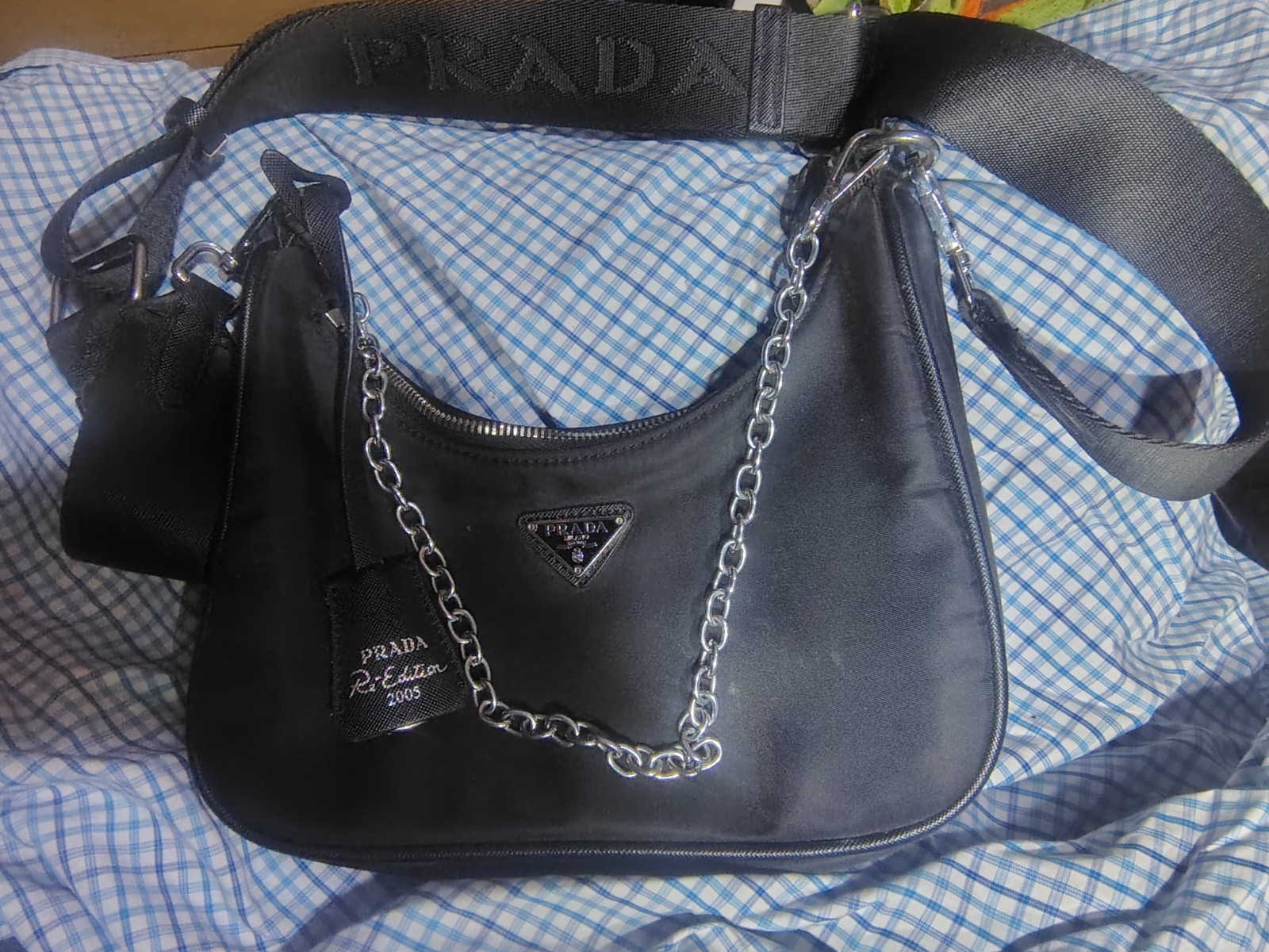 Prada Re-Edition 2005 Re-Nylon Shoulder Bag Black with Chain Strap