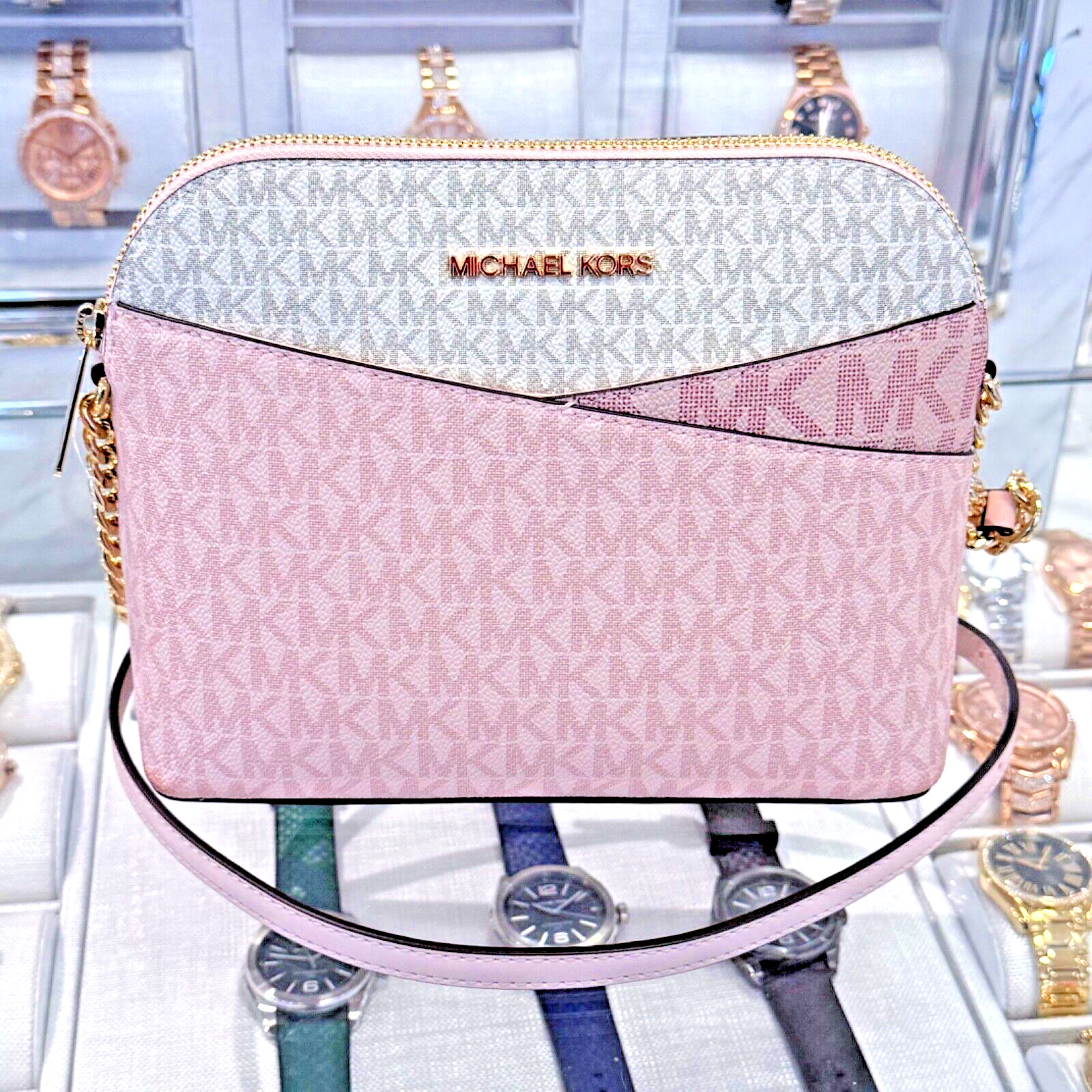 Michael Kors Jet Set Travel MD Dome Crossbody Bag MK Signature Rose Powder Multi