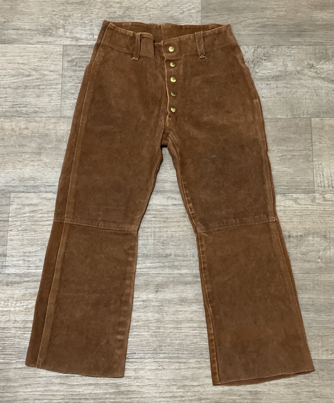Vintage 1960s 1970s Brown Leather Pants Snap Fly 26” Waist Western Suede Native