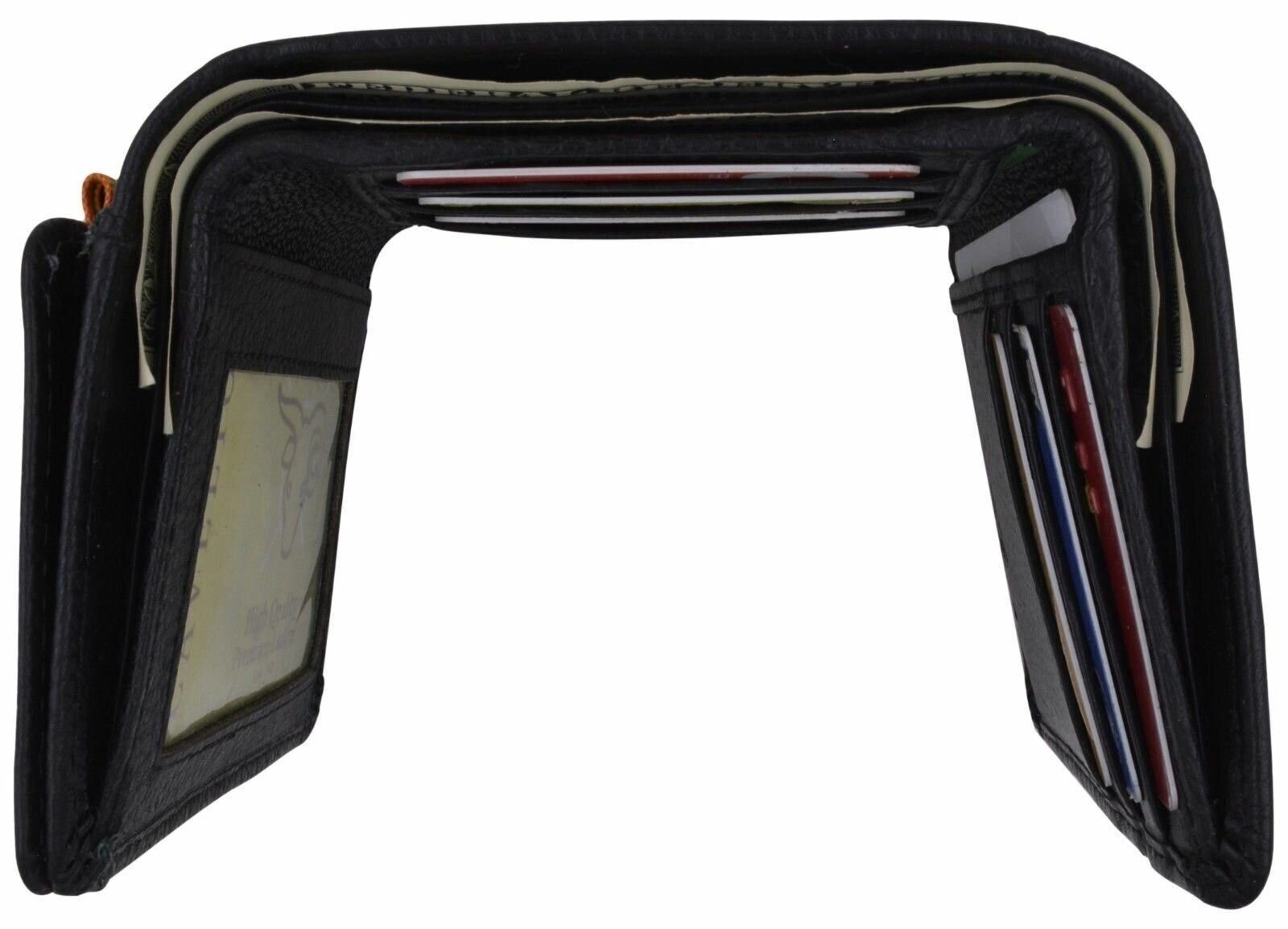 Black Trifold Mens Leather Design Wallet Credit Card & ID Window W/ Bill Pockets
