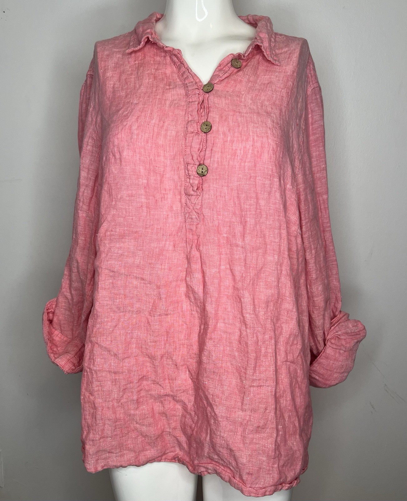 Sigrid Olsen Pink Linen Collared Button Front Blouse. Sz. 1X Relaxed fit/Minimil