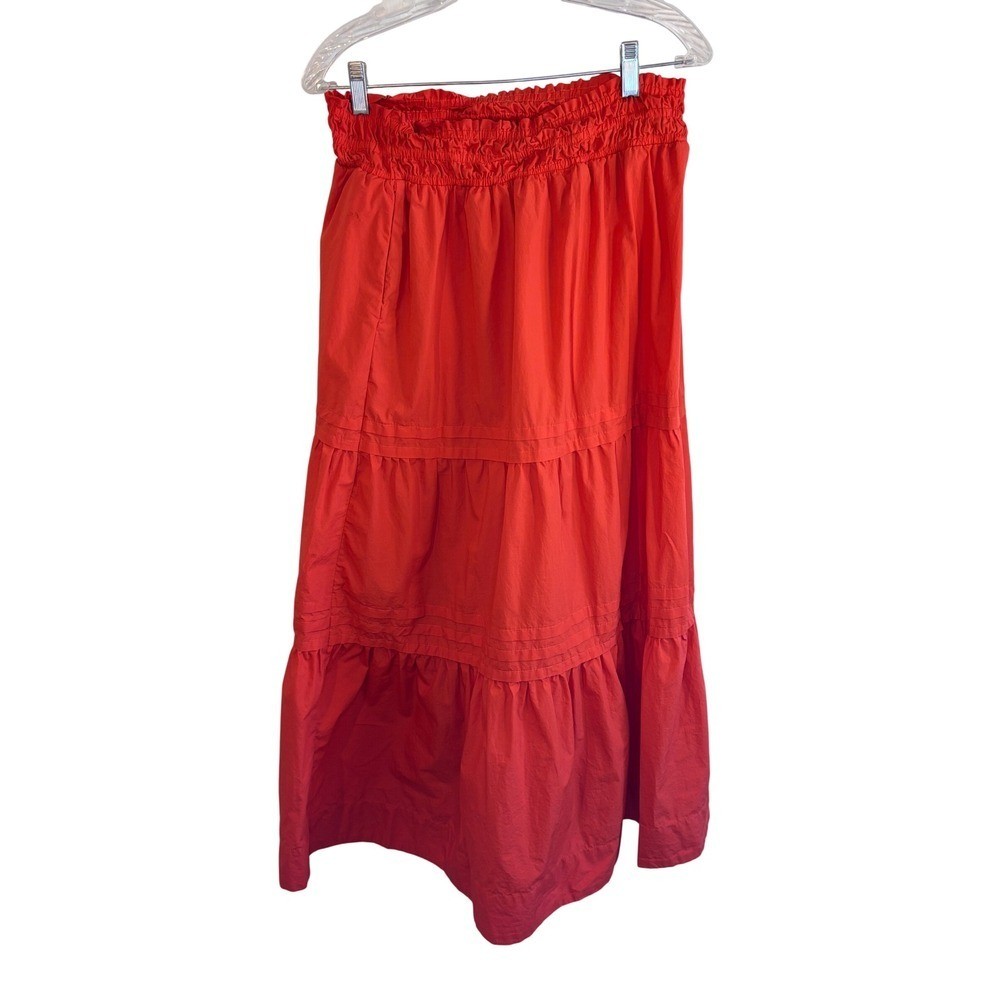 Quince Resort Boho Tiered Cotton Poplin Maxi Skirt Smocked Waist Pocket Coral M