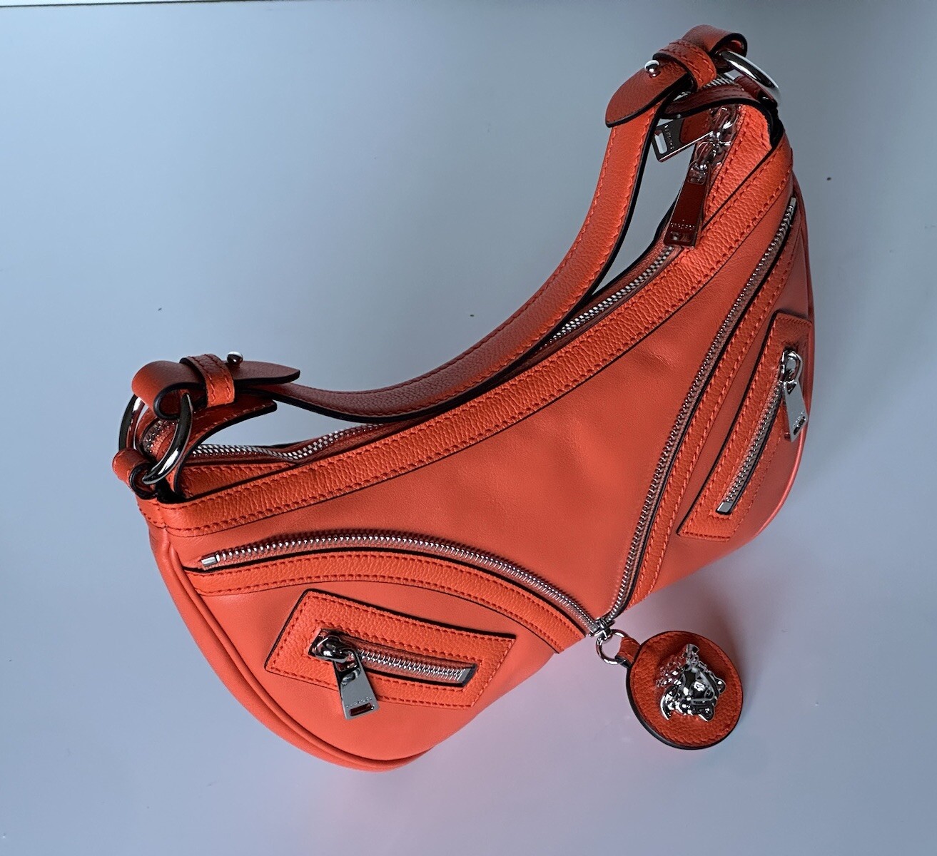 NWT $1925 Versace Silver Medusa Head Calf Leather Small Orange Hobo Bag 1007680