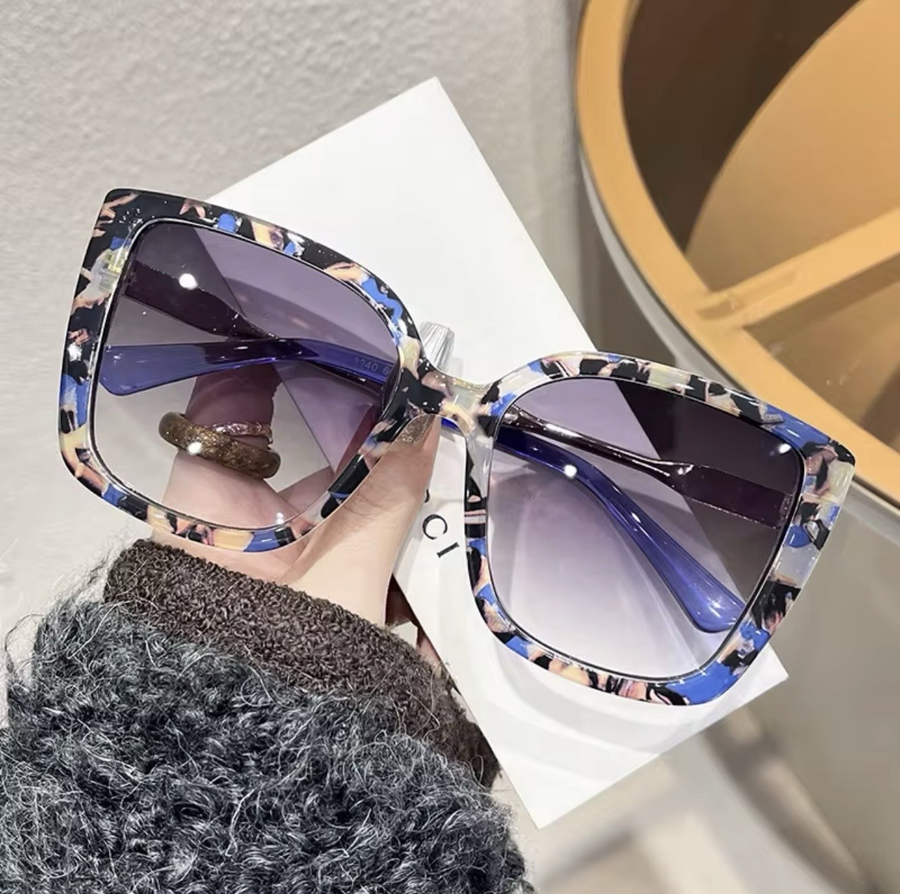 Women’s Oversized Square Sunglasses Blue Tortoise Shell Frame Purple Gradient