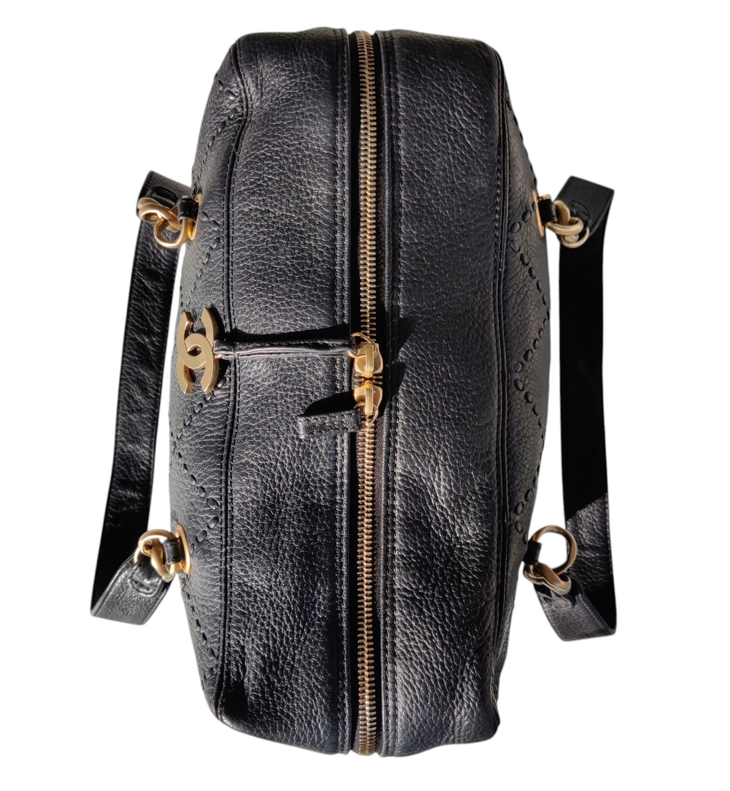Vintage Chanel Black Leather Bowling Bag Surpique Gold CC Zip Authentic Shoulder