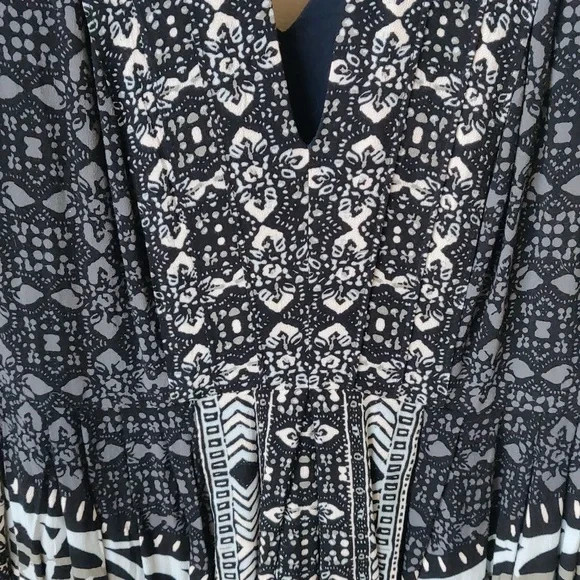 Free People Tegan Border Print Boho Short Dress Tunic Black/Gray Size 4