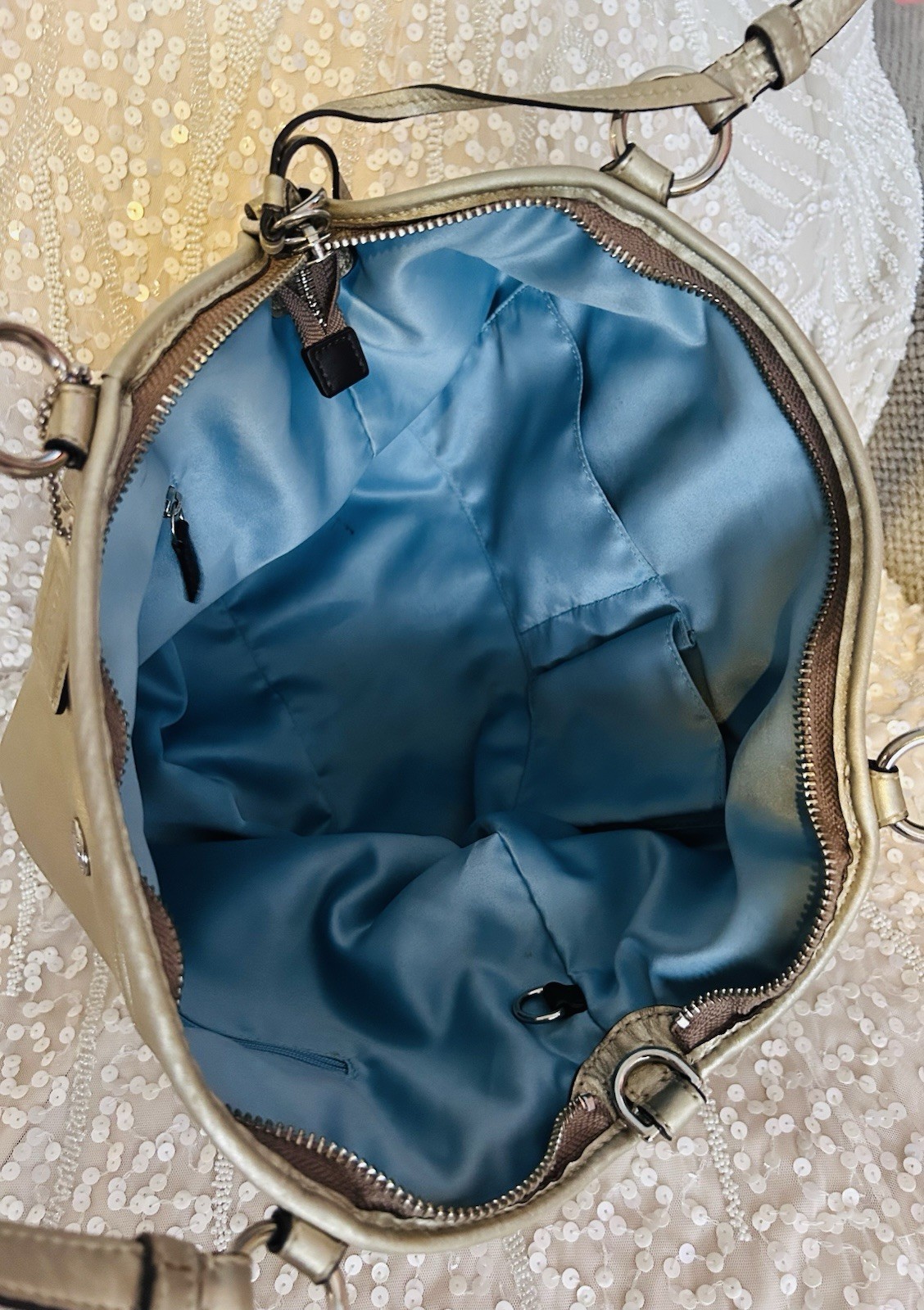 Coach Leah Leather Large Hand Bag Purse Satchel Tote Gold Metallic No 13173