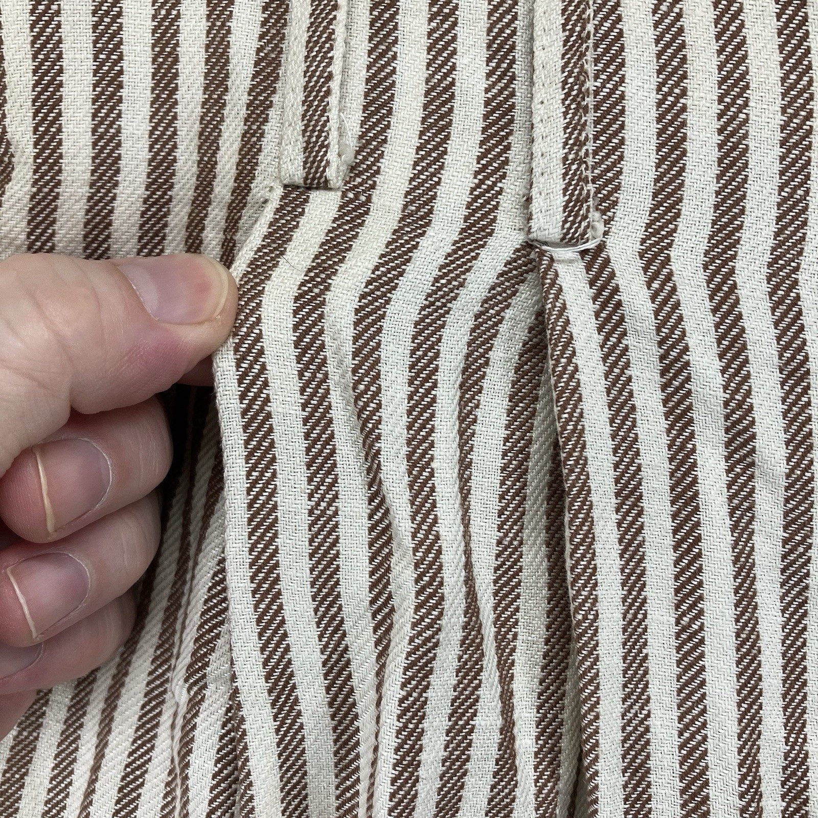 Vintage Women’s Linen Blend Paper Bag Waist Pleated Pants Beige Brown Striped 12