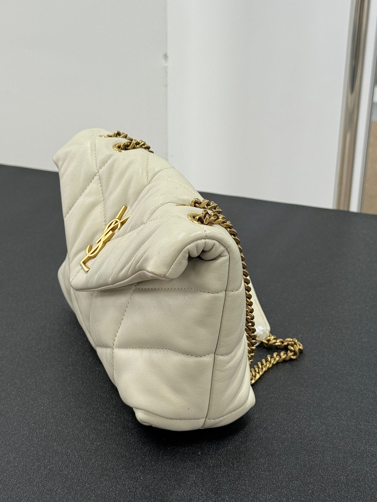 Saint Laurent Loulou Puffer Mini White Leather GHW Chain Crossbody Bag Auth