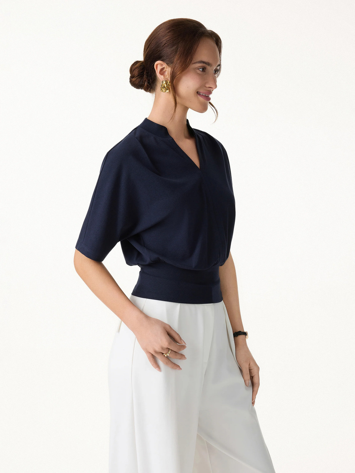 OGL Stand Collar V-Neck Short Sleeve Top
