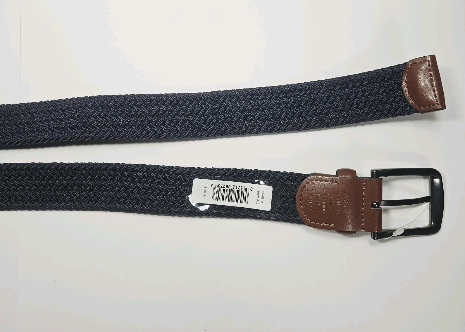 Penguin Men’s Belt Size S 30-32 Navy Blue Woven Brown Leather Stretch NWT