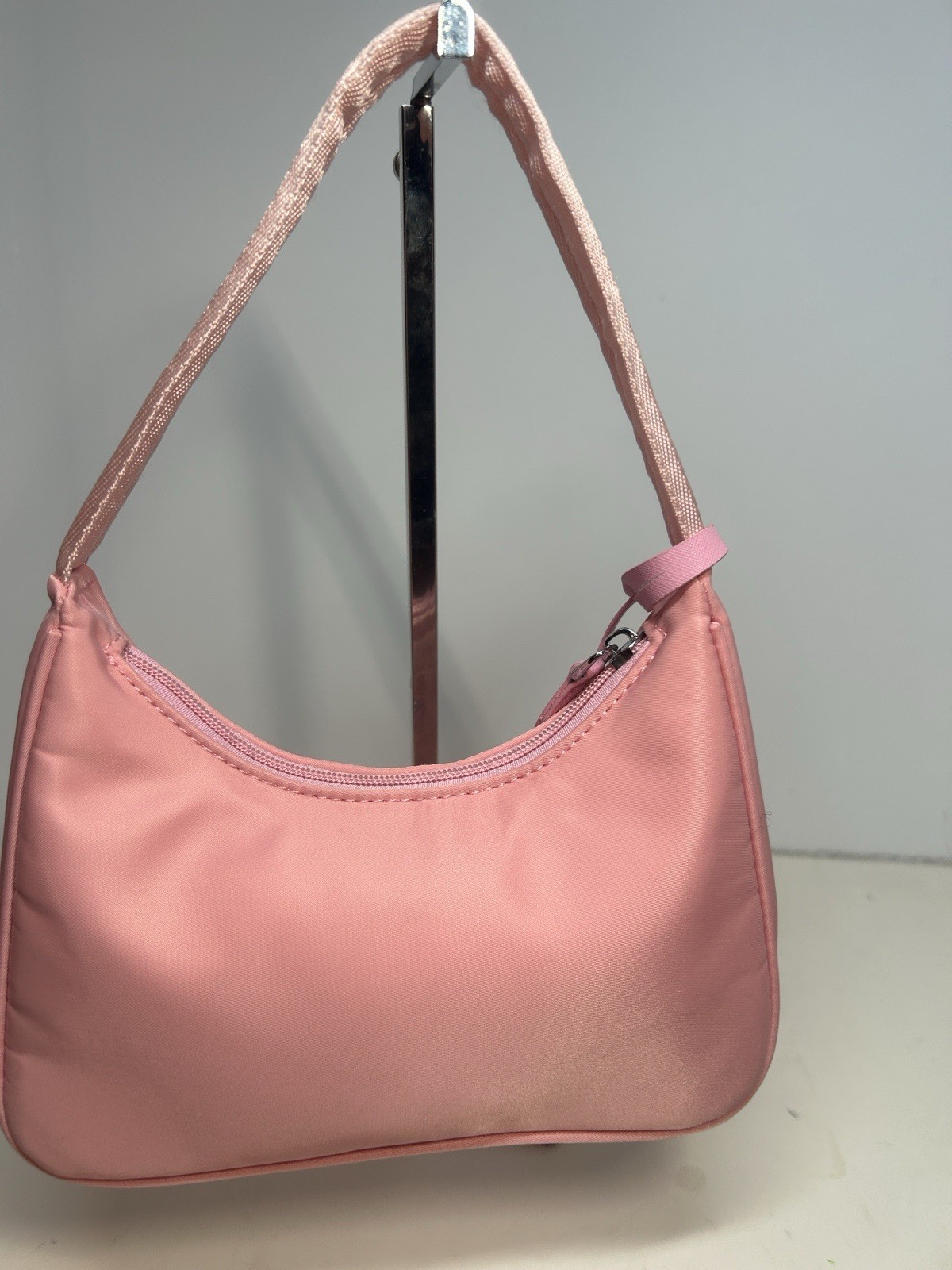 PRADA Pink Shoulder Bag with Logo Plaque Zip Closure Silver Hardware Charm