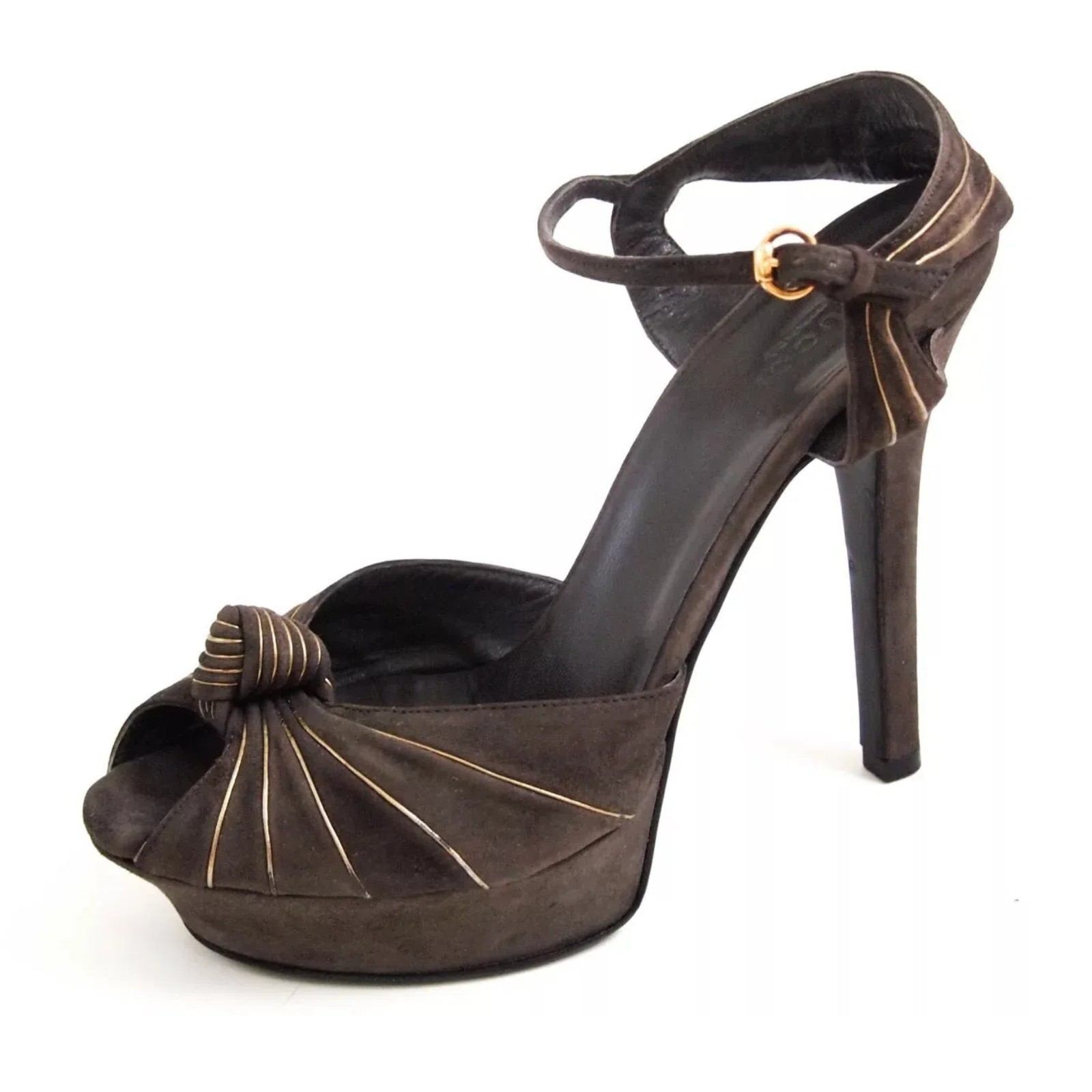 Gucci Tom Ford Era Heels 38 Brown Suede Gold Knot Platform Sandals US 8
