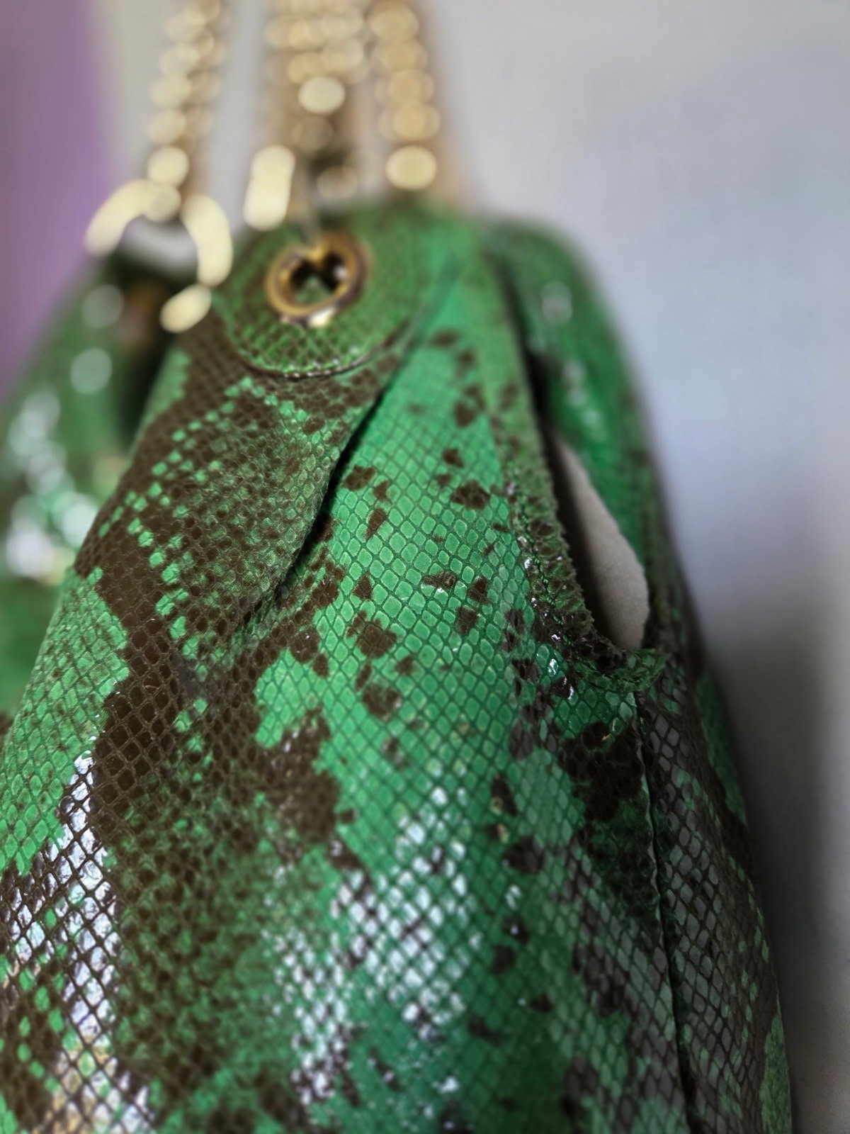 Antonio Melani Green Snake Print Leather Hobo Shoulder Bag Gold Chain Large