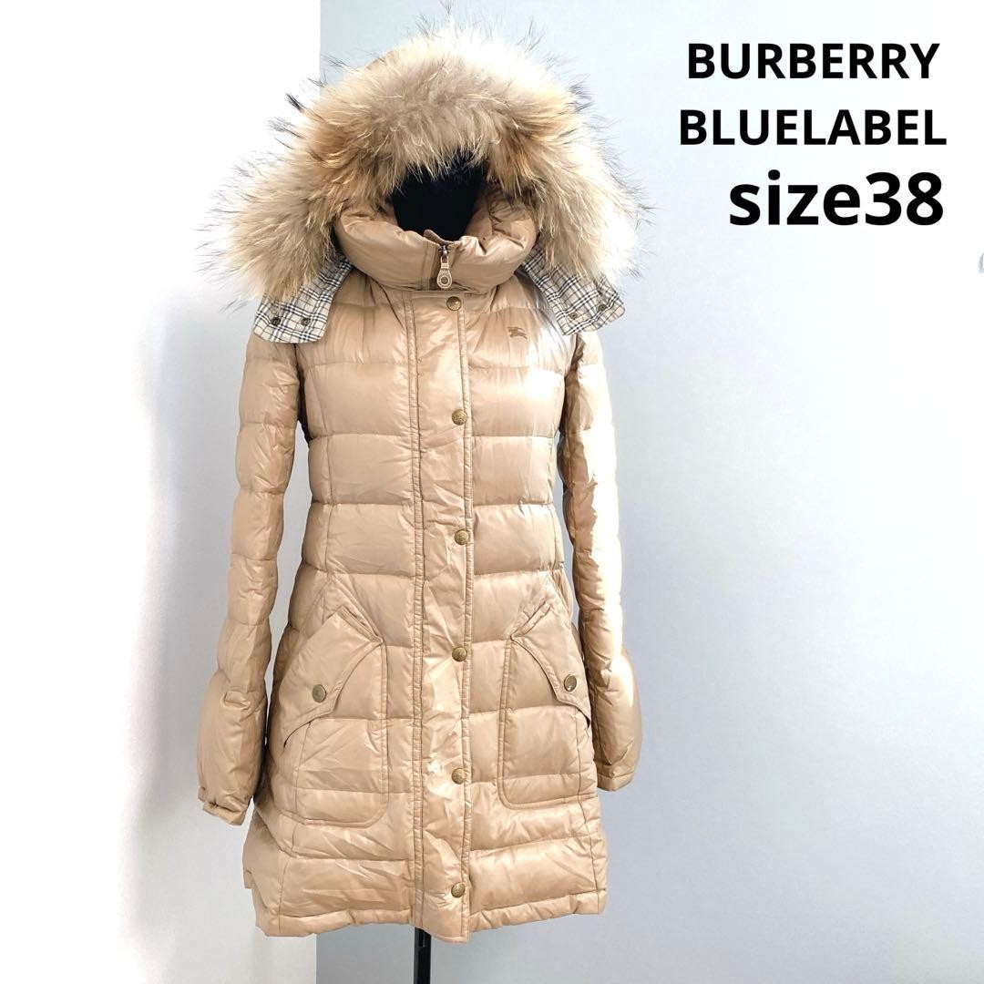 Burberry Blue Label down coat with raccoon Nova check pattern size 38