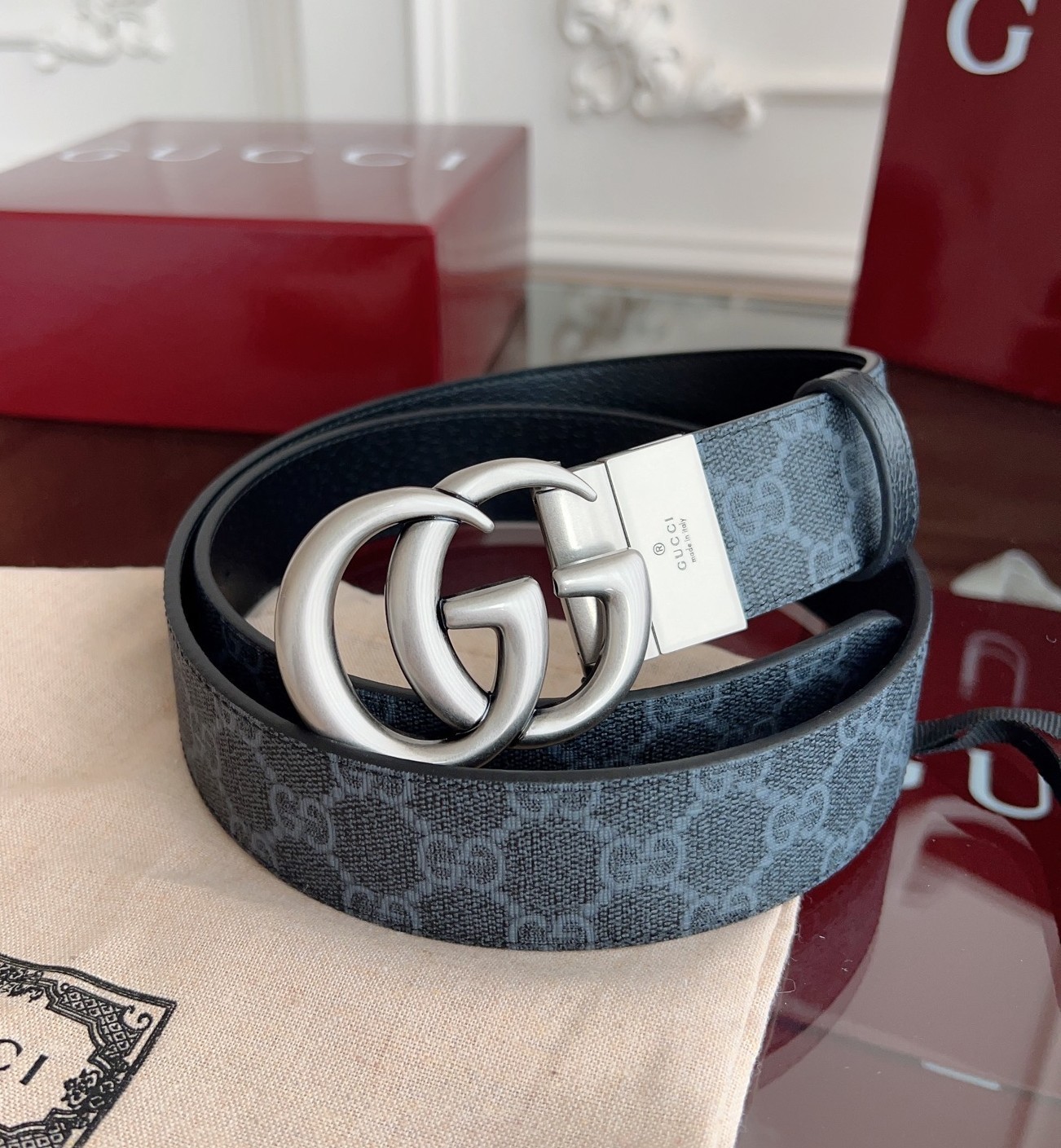 New Gucci Black Leather GG Canvas Men’s Reversible Belt Retro GG Buckle 3.7cm