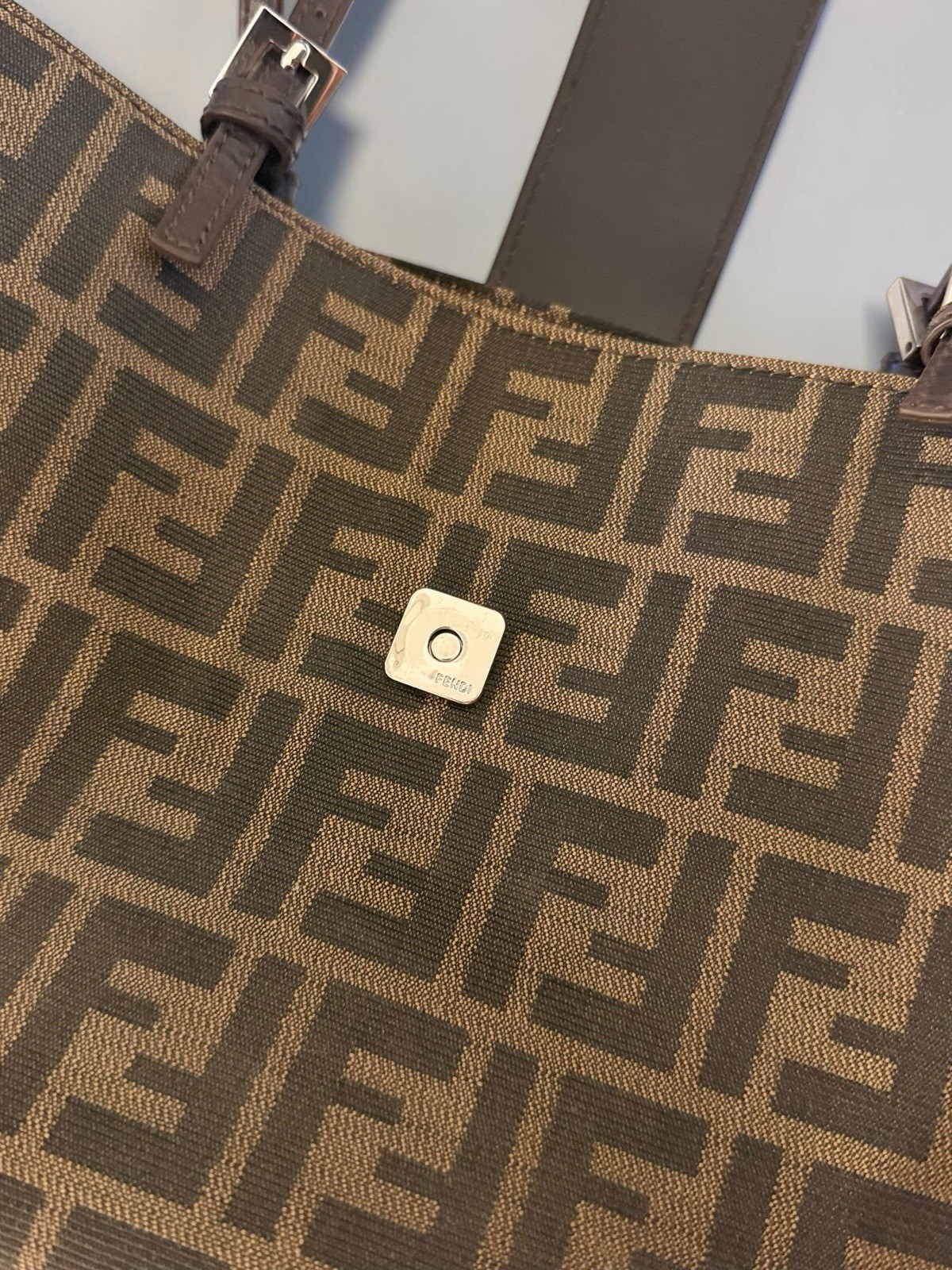 Fendi Zucca FF Monogram Brown Tote Bag Silver Hardware Magnetic Closure Pockets