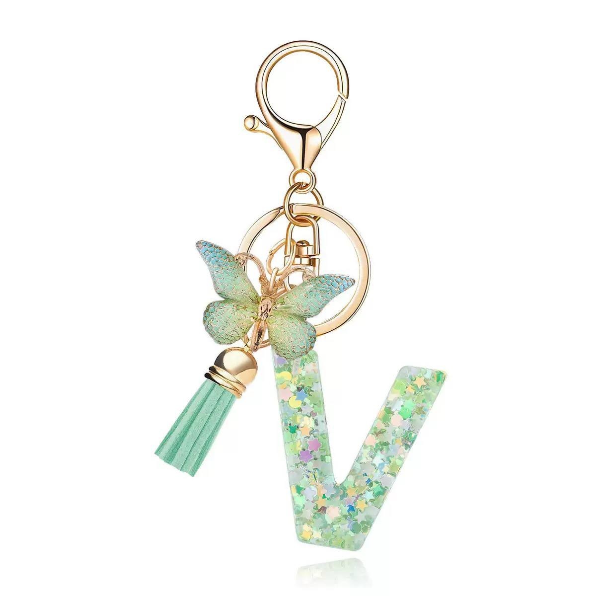 V Letter Green Butterfly Resin Bag Charm Keychain Gift 12cm