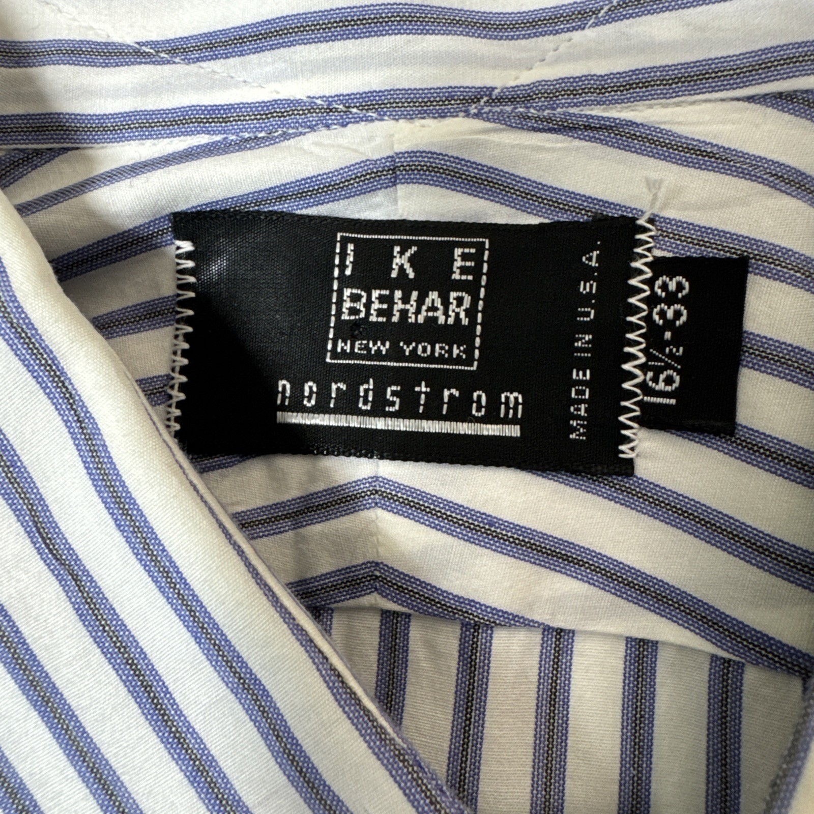 Ike Behar Men Button Up Shirt 16.5 33 Striped Cotton Luxury Workwear Made in USA
