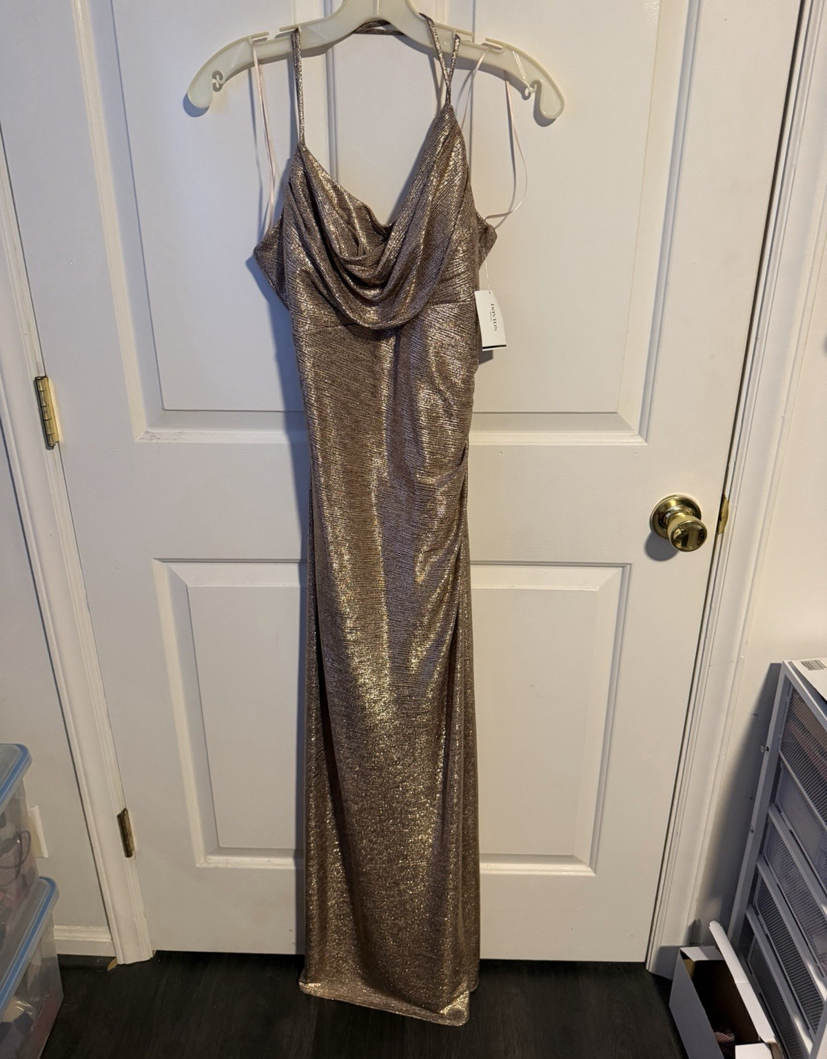 David’s Bridal Rose Gold Metallic Glitter Sheath Cowl Neck Long Dress Sz 10