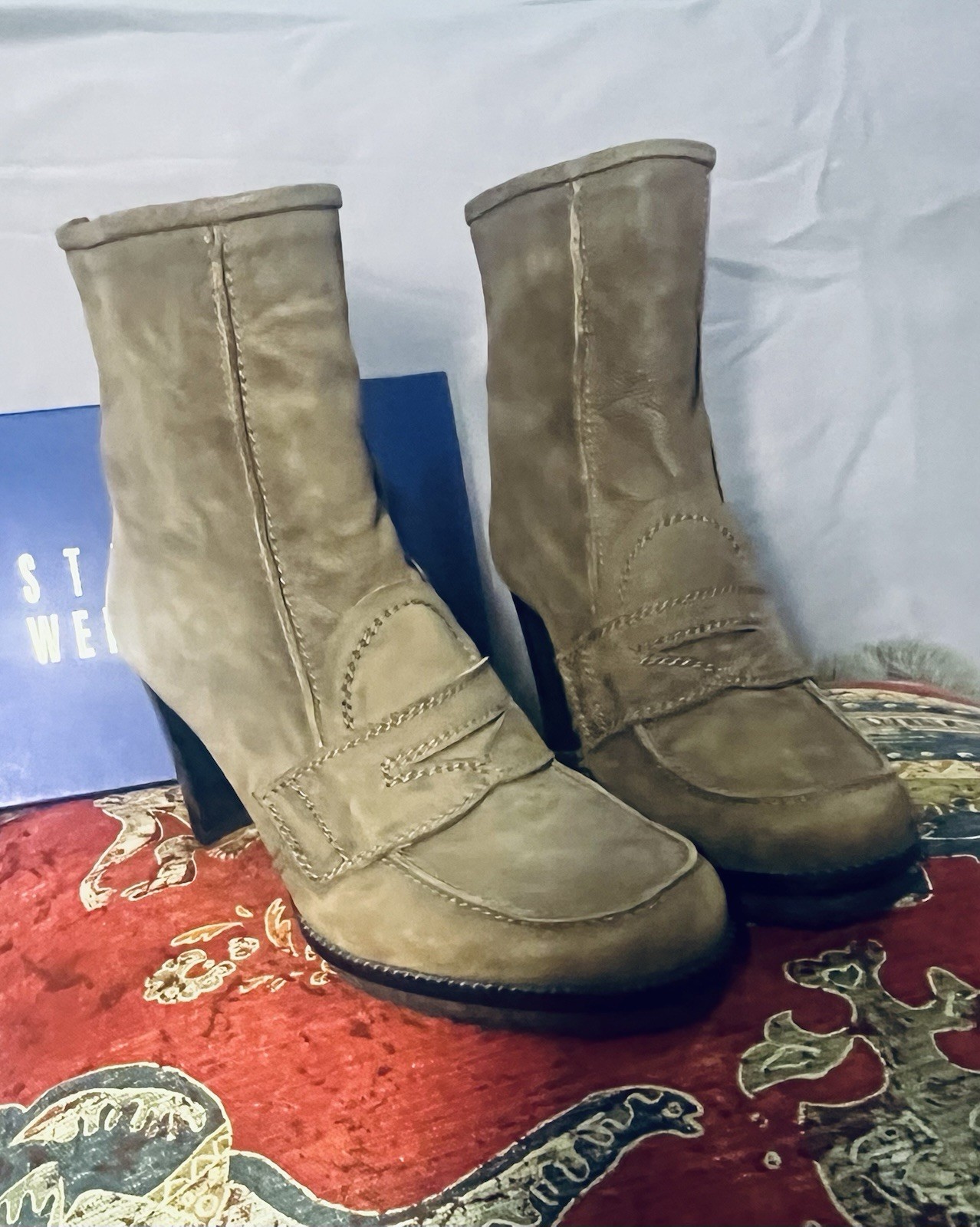 Stuart Weitzman Brown Leather Zip Ankle Boots Block Heel Square Toe Womens 8.5M