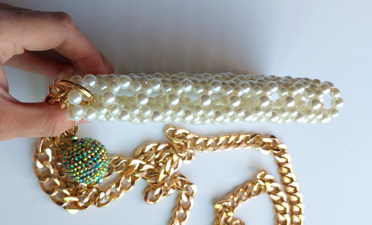 Handmade Pearl Beaded Cell Phone Bag with Gold Chain, Mobile Phone Bag Crossbody