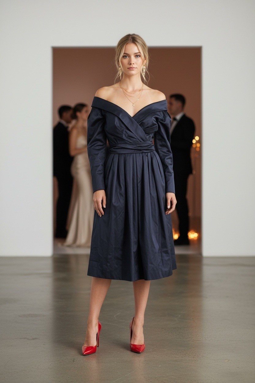 Vintage Katherine Rogehr Canada Navy Taffeta Full Skirt Off Shoulder Party Dress