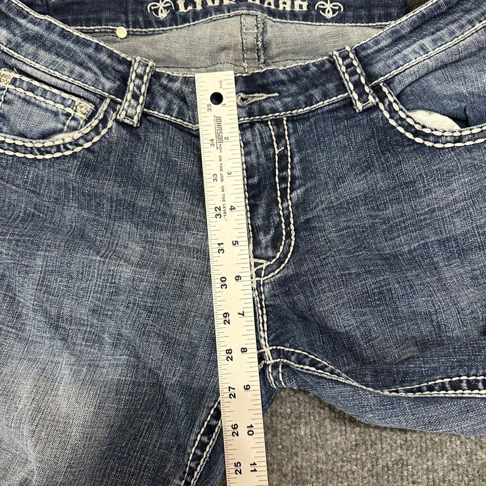 Live Hard Jeans Womens Size 32 Blue Bootcut Thick Stitch Embroidered Flap Pocket