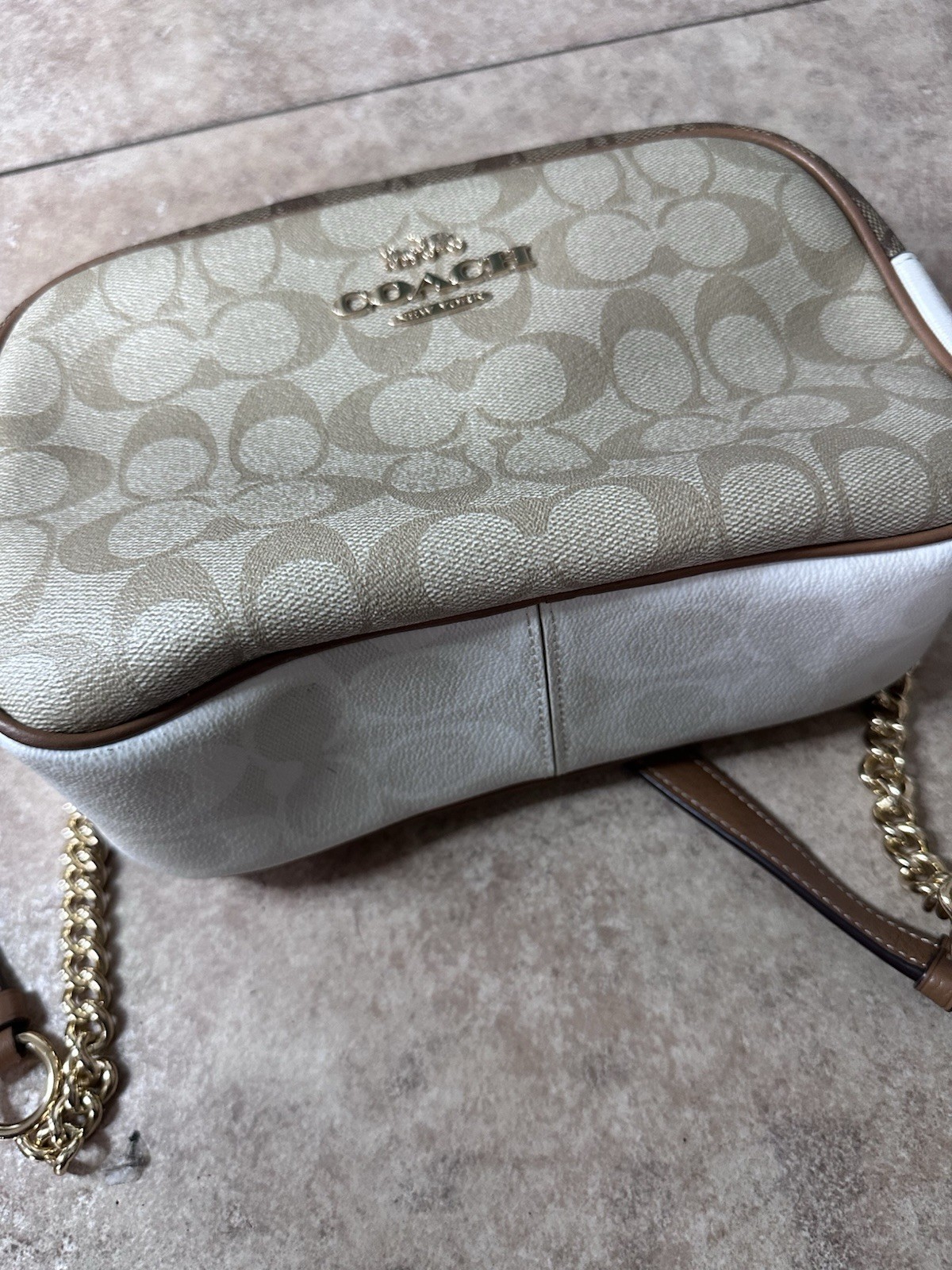 Coach Signature Mini Leather Camera Crossbody Bag Gold/Tan/Brown Chain