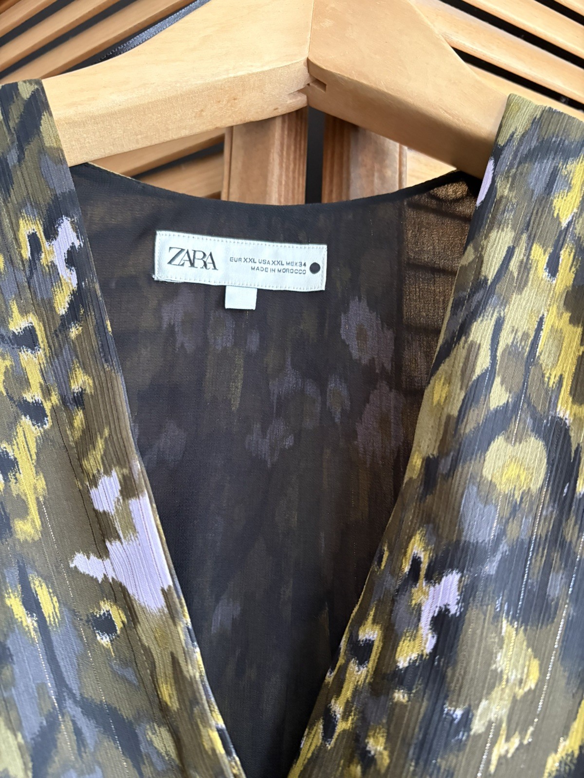 ZARA Olive & Yellow V-Neck Long Sleeve Smocked Waist Mini Dress Size XXL