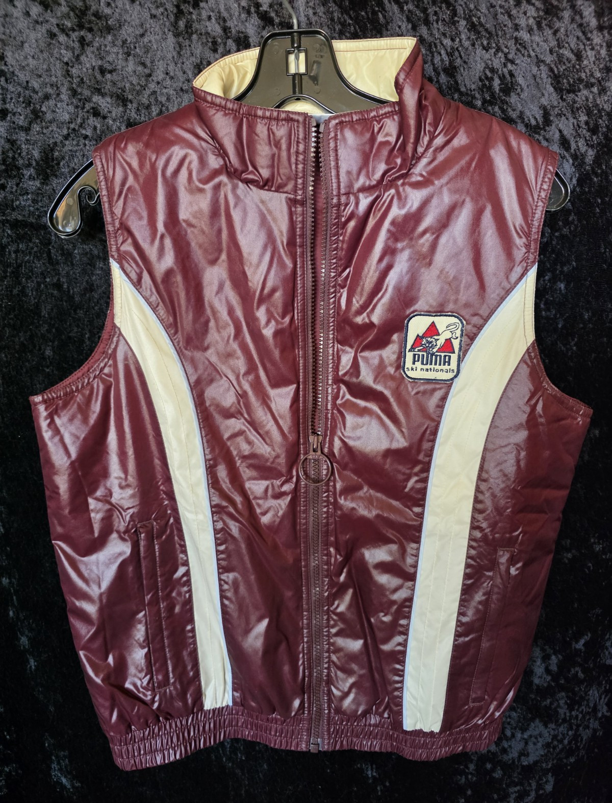 PUMA Men’s Full Zip Ski Vest Burgundy/Cream M Stand-Up Collar Embroidered