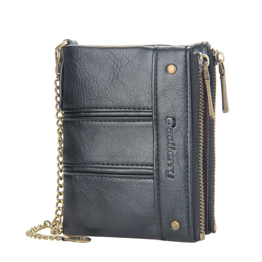 Men Men’s C2 Leather Wallet with Chain ID Credit Card Holder Double Zipper Coin