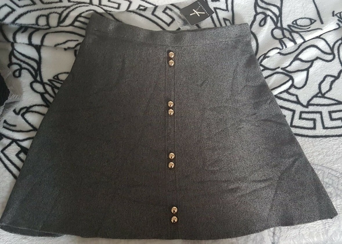 BNWT GREY ATMOSPHERE PRIMARK SKIRT WITH GOLD BUTTONS SIZE 12UK STRETCH WARM TAG