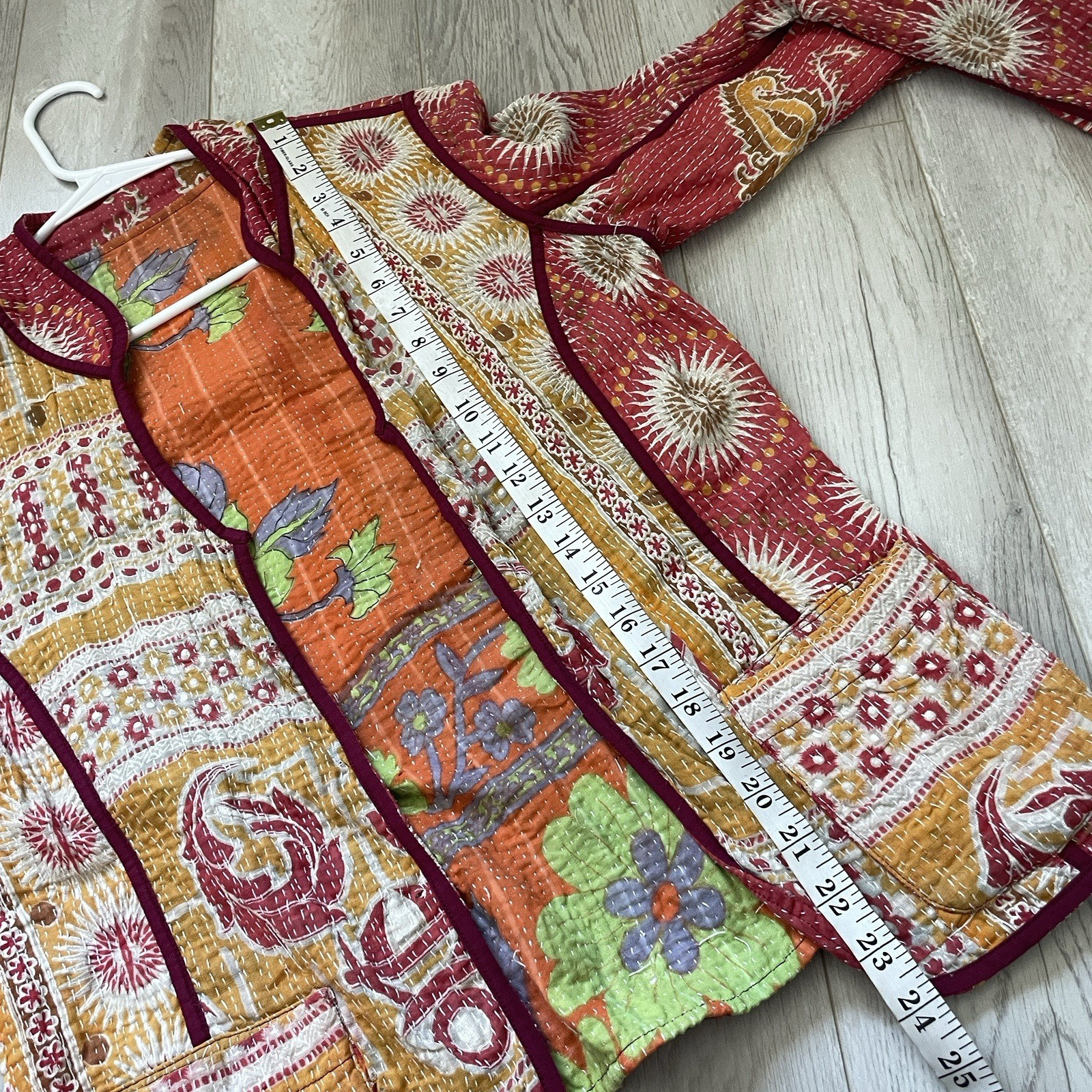 Reversible Quilted Jacket kantha floral long sleeve womens Red Orange (small)