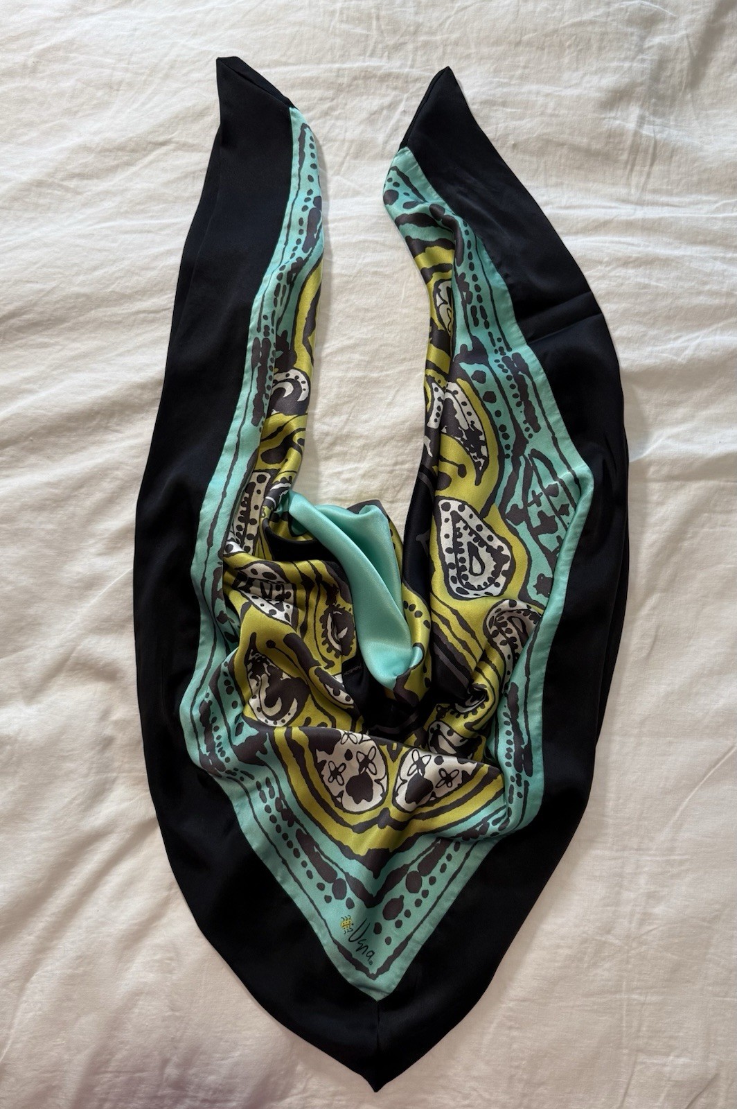 Vera Neumann Bold Teal Black Celadon Silk Scarf With Double Layer Border 43in Sq