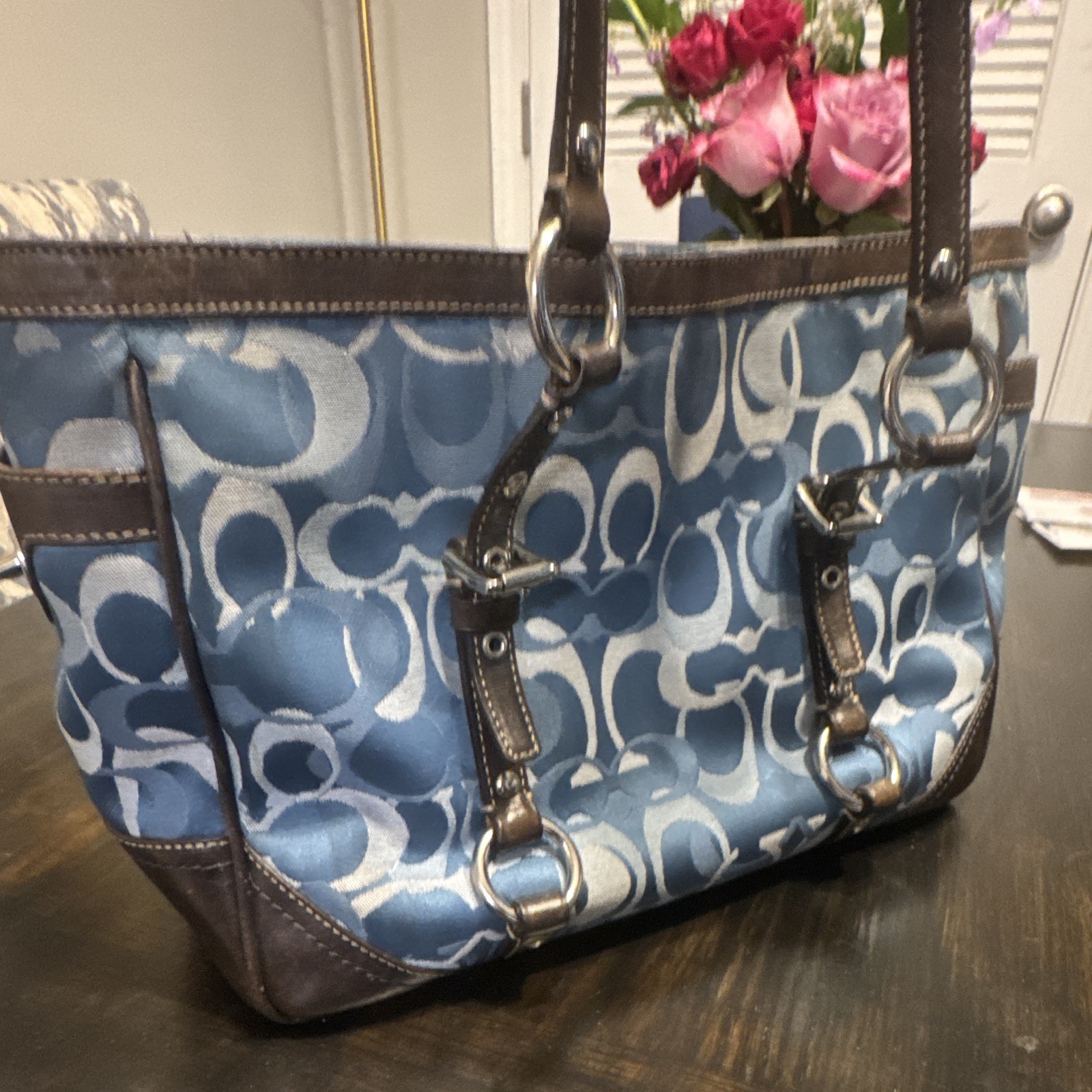 Coach Signature Blue/Brown Medium Tote Shoulder Bag Zip Double Handles Strap