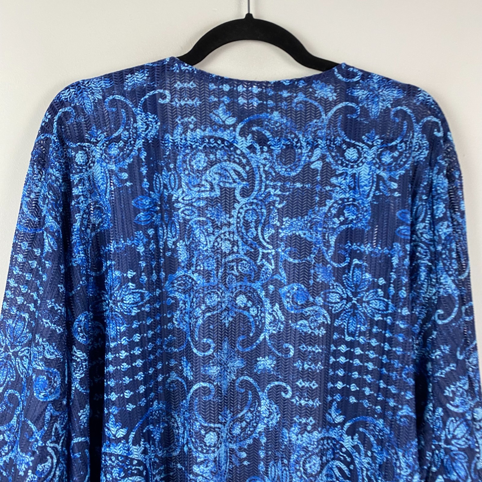 Catherines Open Front Cardigan Size 5X Blue Paisley 3/4 Sleeves Open Weave