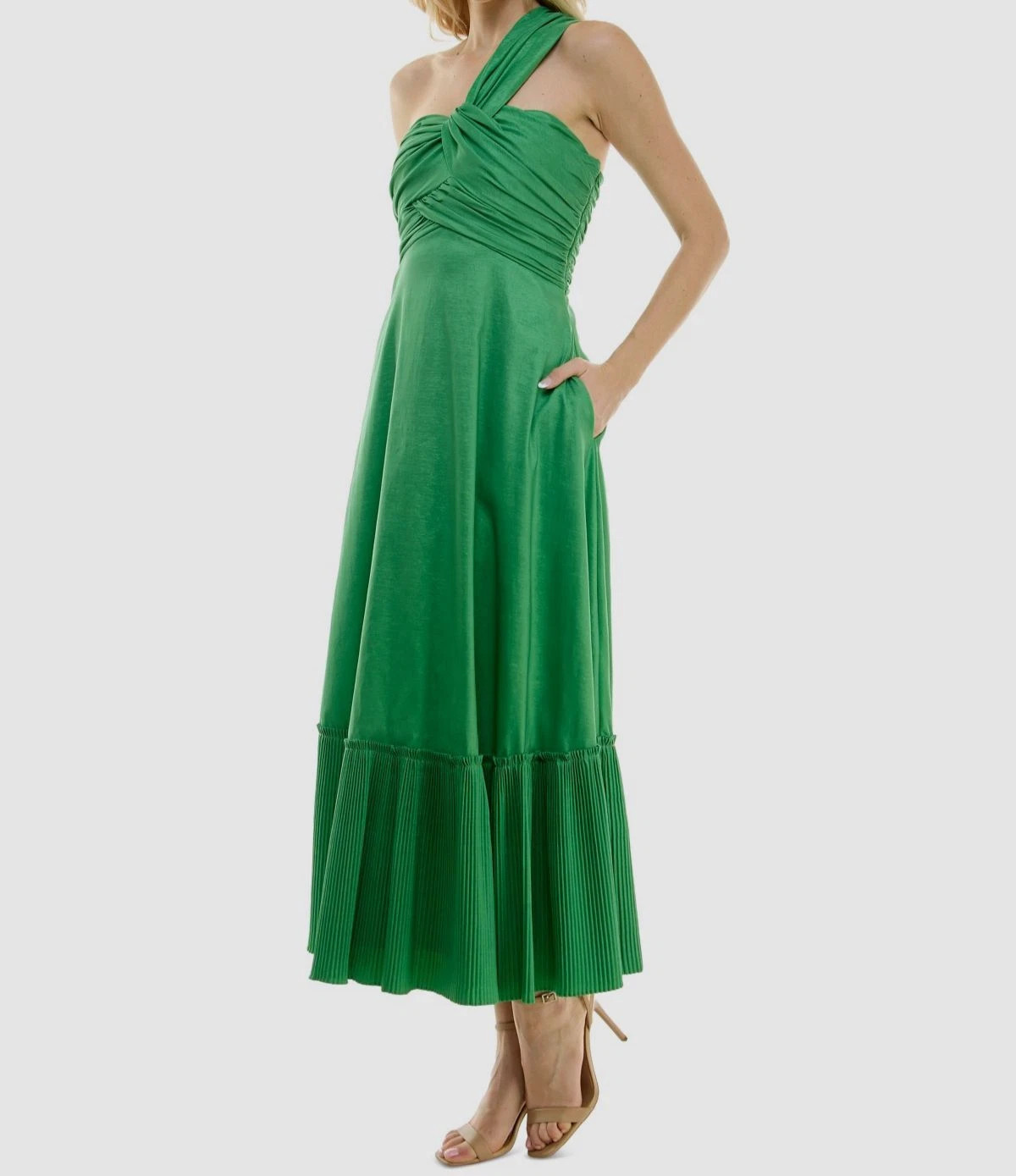 Taylor Women’s Green Solid Ruched One-Shoulder Gown Dress Size US 6